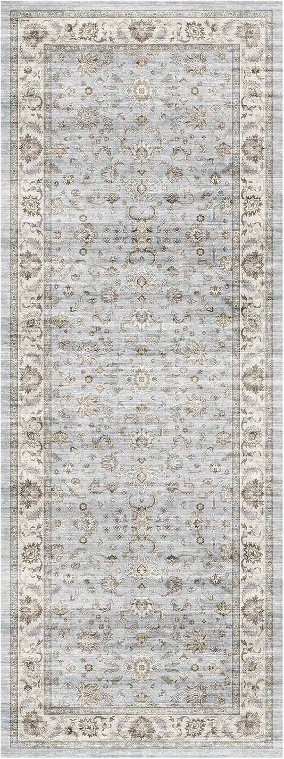 WITSHOCK 3x8 Runner Rugs for Hallway Bathroom: Machine Washable Non Slip Vintage Carpet - Low Pile Lightweight Print Rug for Kitchen Laundry Room Bedroom Beside Rug - Pet & Kids Friendly (Light Blue)