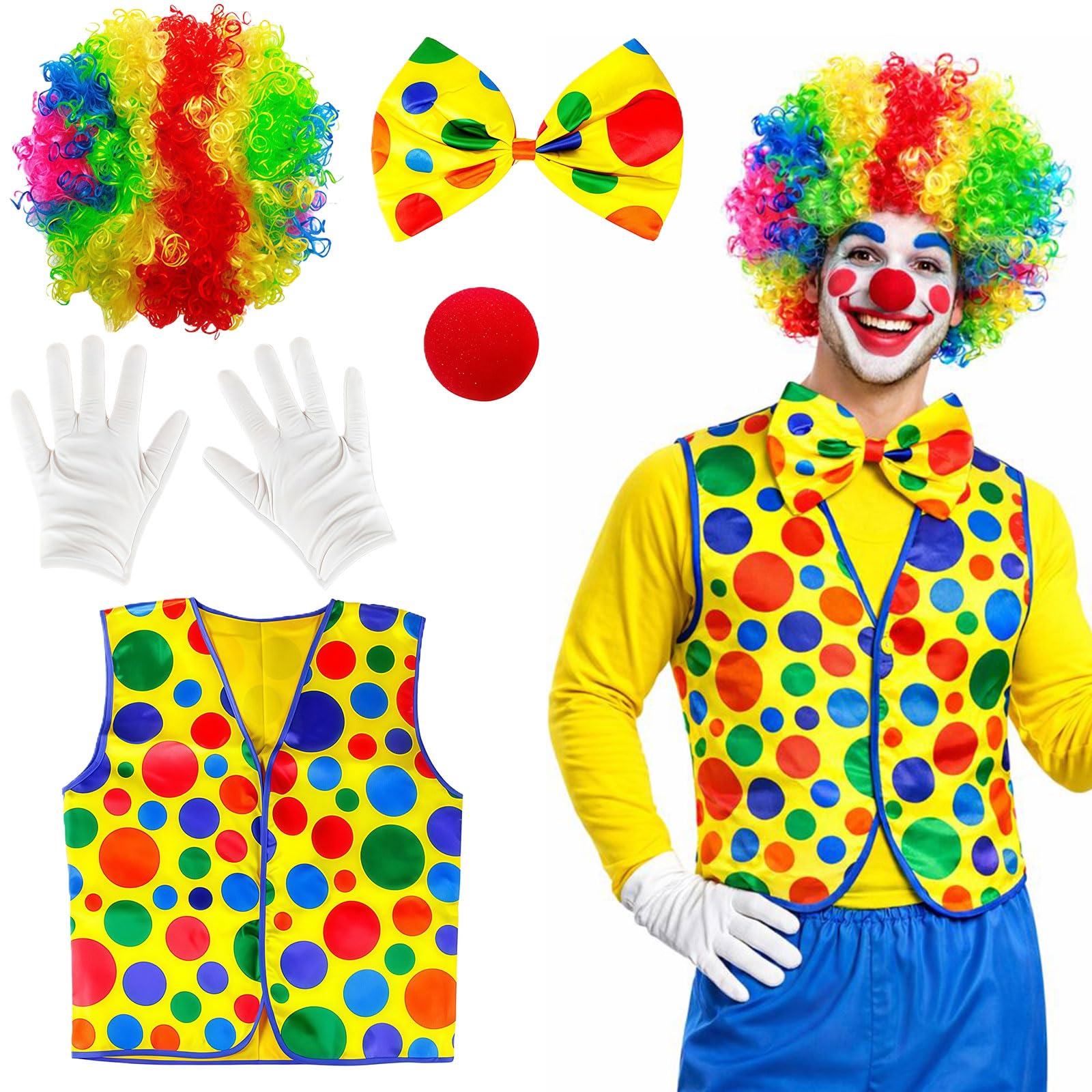 GWAWG Pack of 5 Clown Costume Accessory Set, Colourful Clown Wig + Clown Nose Red + Bow Tie + Vest + Gloves, Circus Costume for Carnival Halloween Party Women Men
