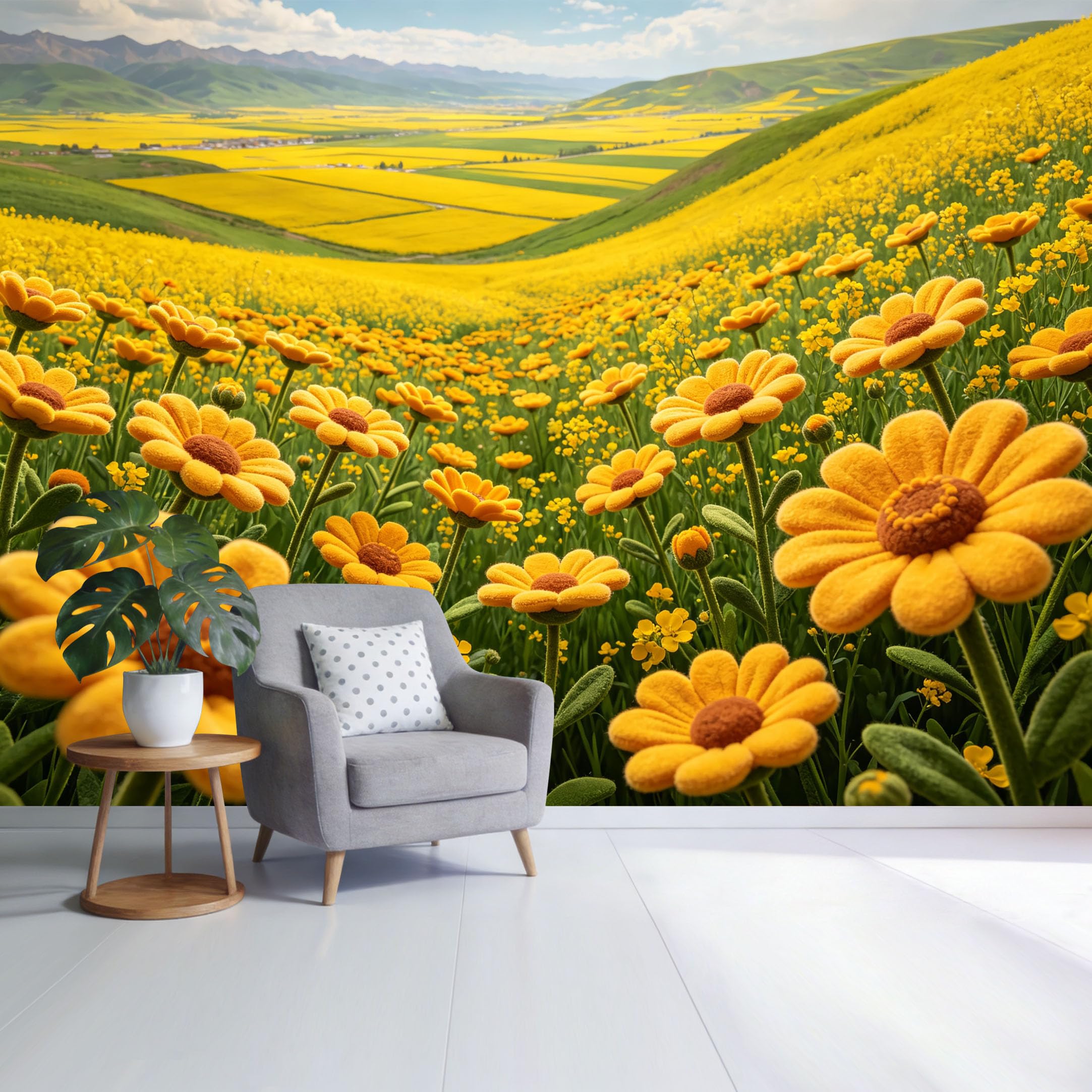 Custom Size Wall Mural Sunny Yellow Daisy Field Mountain Landscape Botanical Nature View SelfAdhesive Wall Fabric Removable Wallpaper for Home Office Decor