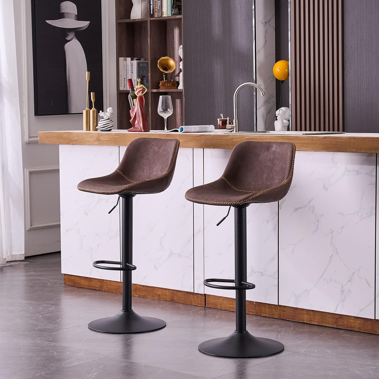 YOUNIKE Metal Bar Stools Set of 2, Adjustable Swivel Counter Height Bar Stools, Retro PU Leather Padded High Bar Chairs with Back Kitchen Island Stools, 300 LBS,Home & Kitchen(Brown)