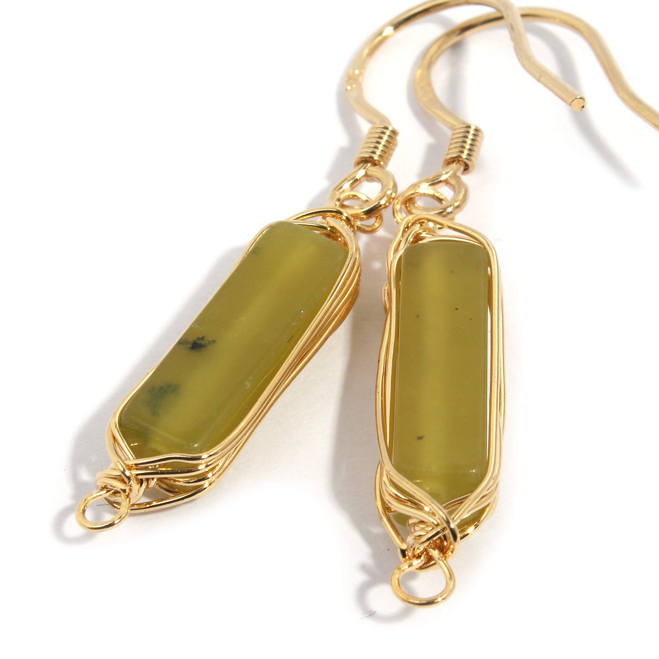 Natural Stone Wire Wrap Dangle Drop Earrings Gold Plated 925 Sterling Silver Hook/Olive Jade 14mm Bar