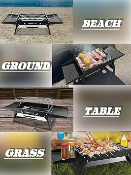 Charmline 14x9inch Foldable Portable Grill Charcoal, Compact Portable Grill for Outdoor Use, Desktop Charcoal Grill, BBQ Grills for Camping, Picnics, Gardens and Beach Parties, Black