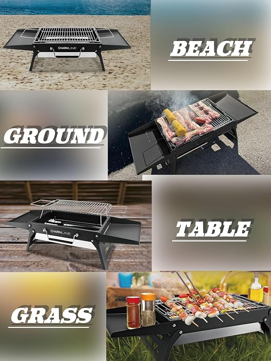 Charmline 14x9inch Foldable Portable Grill Charcoal, Compact Portable Grill for Outdoor Use, Desktop Charcoal Grill, BBQ Grills for Camping, Picnics, Gardens and Beach Parties, Black