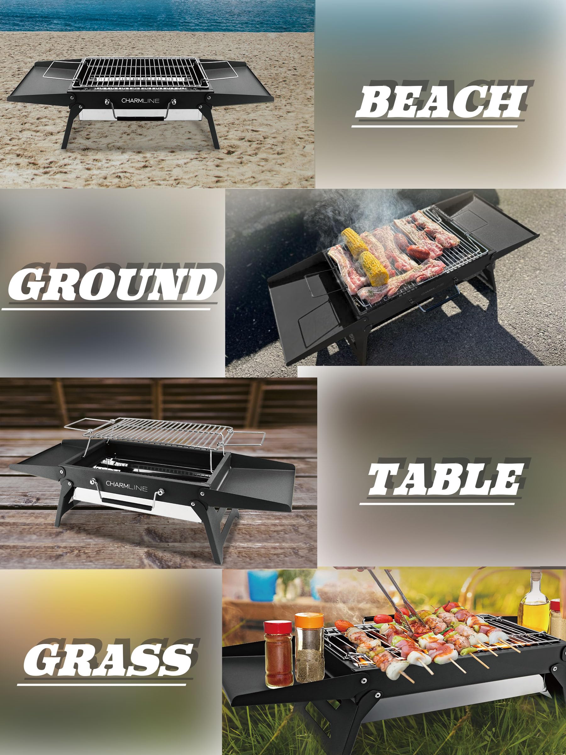Charmline 35x23cm Foldable Portable Holzkohlegrill, Kleiner Campinggrill Holzkohle, Picknickgrill Grill, BBQ Grill für Outdoor, Geeignet für Gärten, Strände, Rasenflächen und Tischplatten, Schwarz