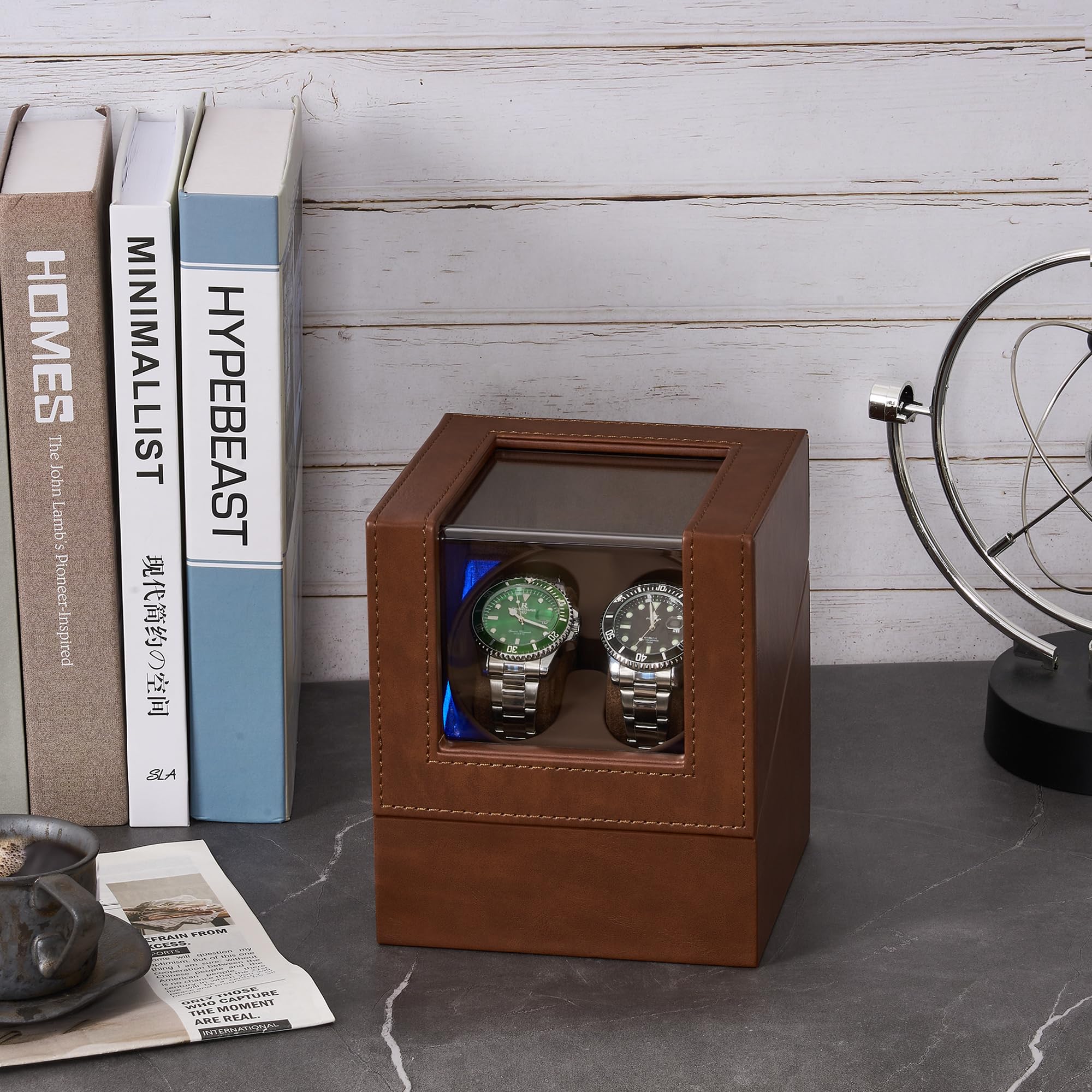 ANWBROAD Updated Double Watch Winder for Automatic Watches Watch Rotator with Super Quiet Motor Flexible Watch Pillows LED Backlight Watch Turner Watch Shaker 5 Modes Battery or USB UJWW001T