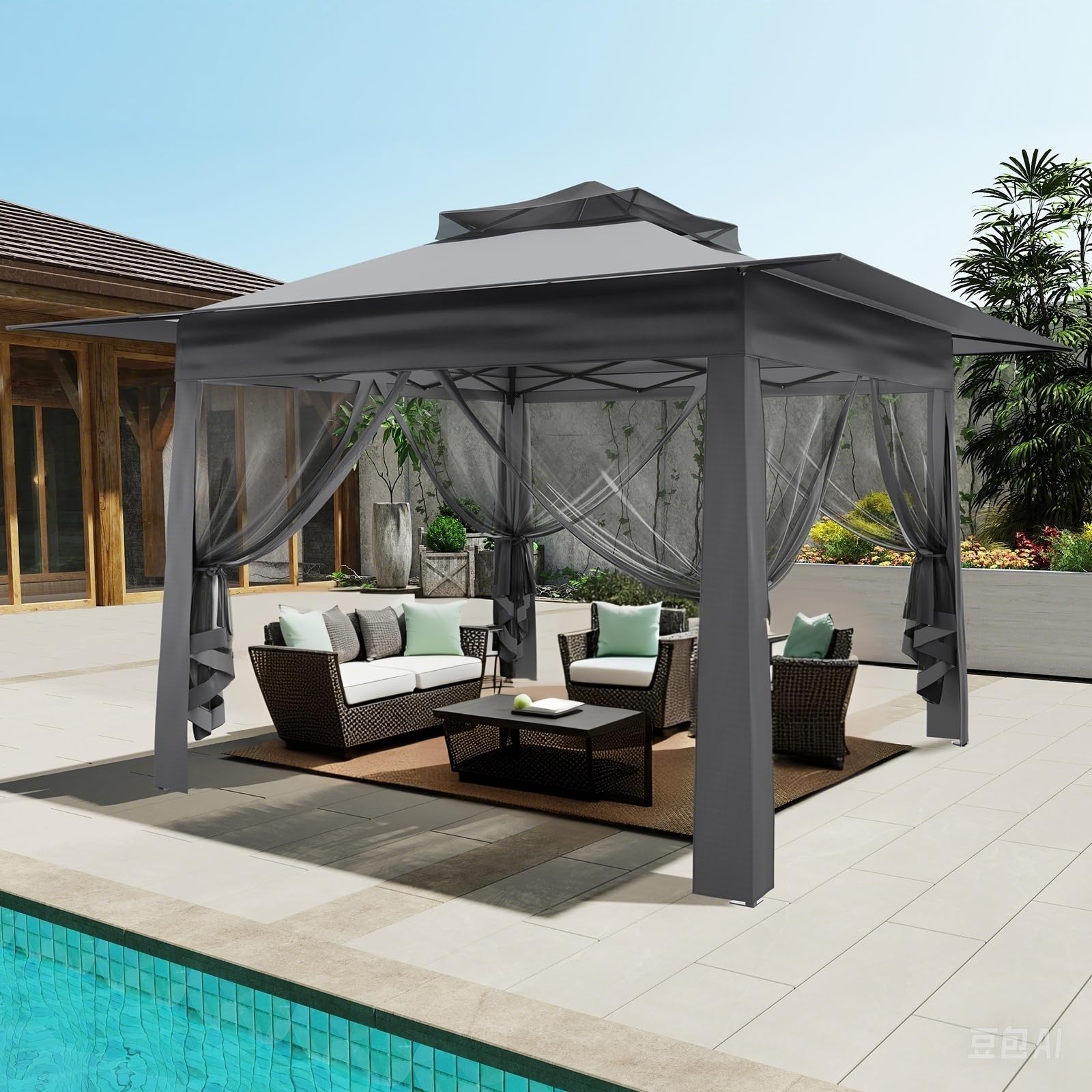 YU YUSING Tonnelle de Jardin Extérieure 3,65 x 3,65 m avec Moustiquaires 360°, Pop up Barnum Pliant, Toit Ventilé, Pergola Imperméable Anti UV 50+ Respirable, Tente Réception, Camping, Festival, Gris