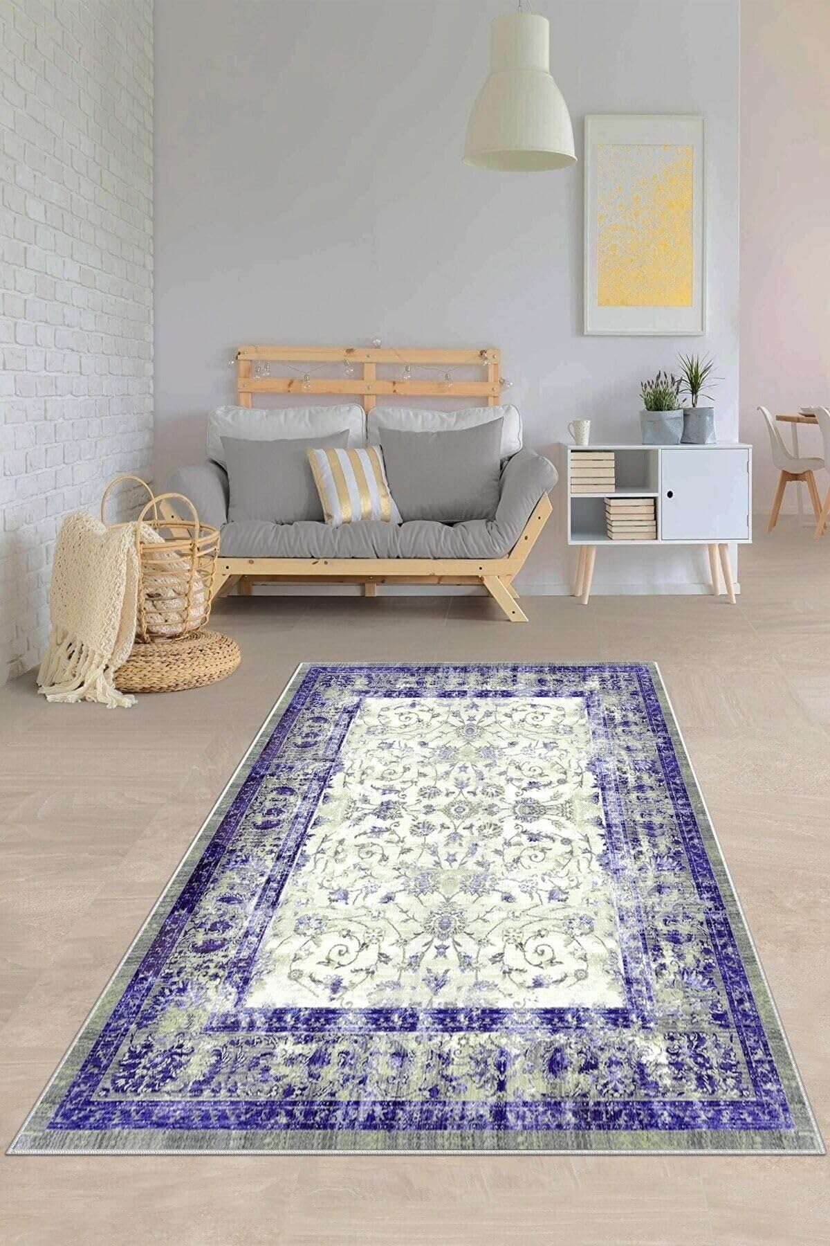 Pelangi Mor Çerçeveli Çiçek Desenli Yıkanabilir Kaymaz Taban Leke Tutmaz Modern Salon Halısı Ve Yolluk, Mor 40 x 40, 745711834040728
