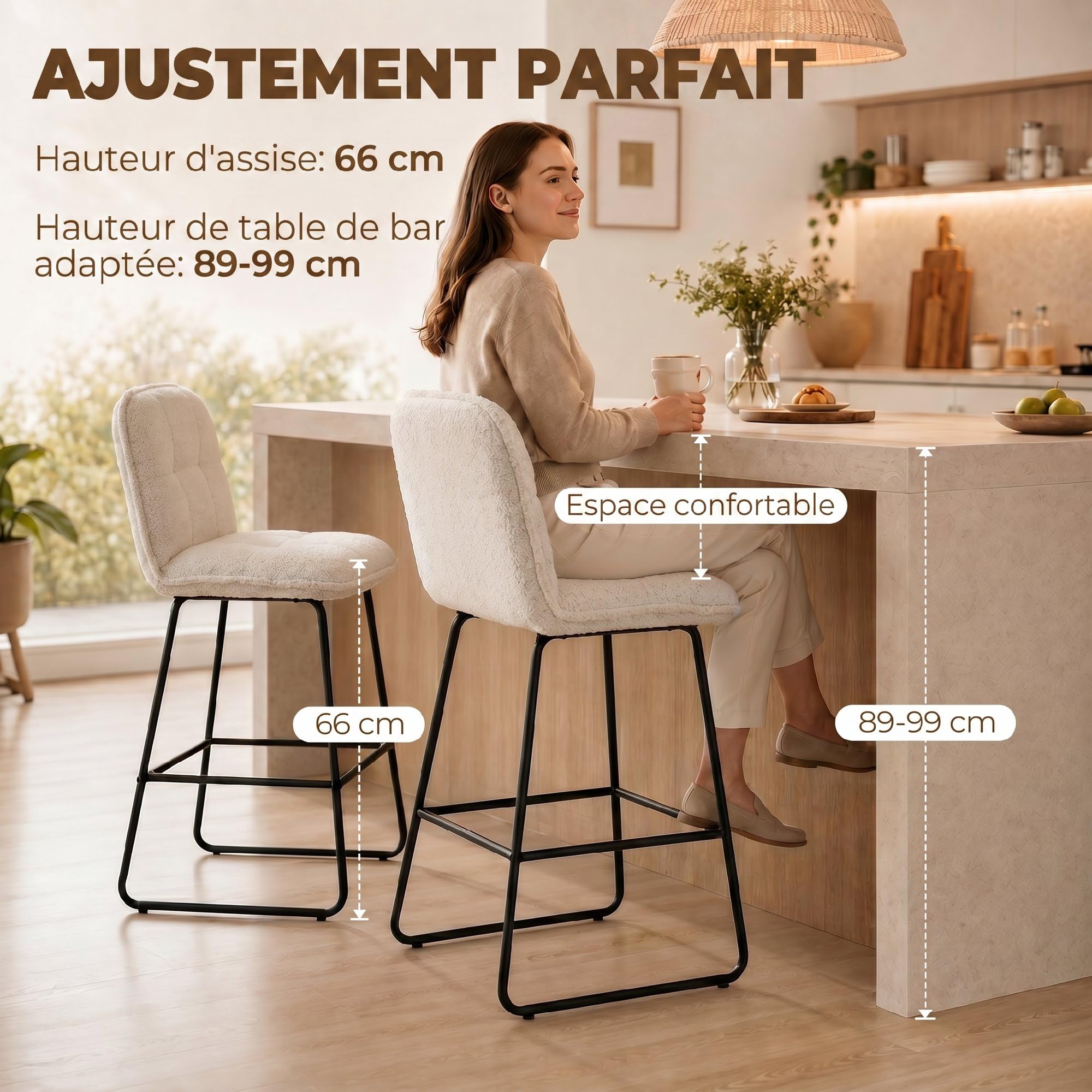 HOMCOM Lot de 2 Tabourets de Bar Extra-Large Assise 66H cm Crème