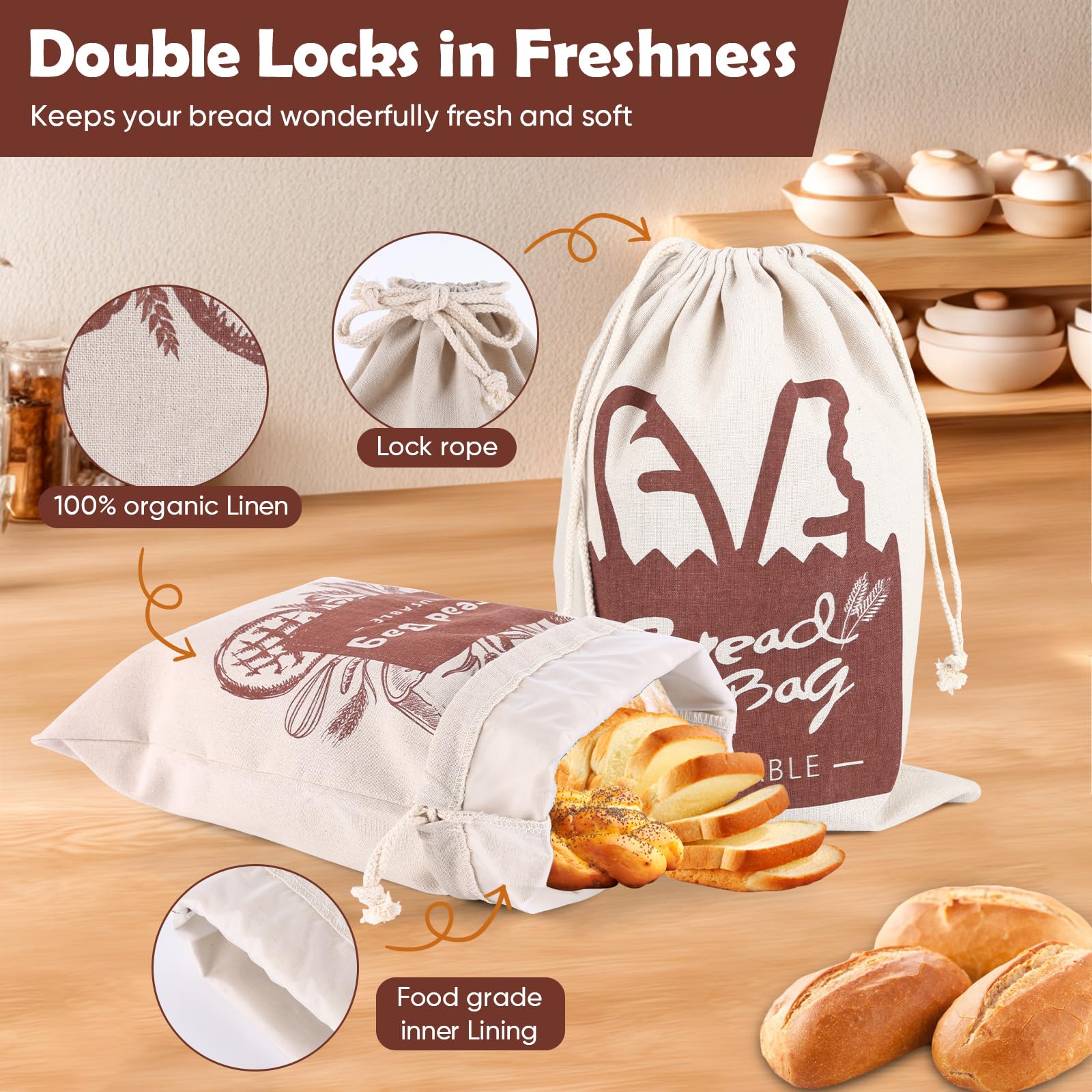 Bolsa de pan, 2 paquetes de bolsa de almacenamiento de masa madre reutilizable con cremallera para pan casero, recipiente grande para congelador para mantener el pan fresco (negro, L) (amarillo)
