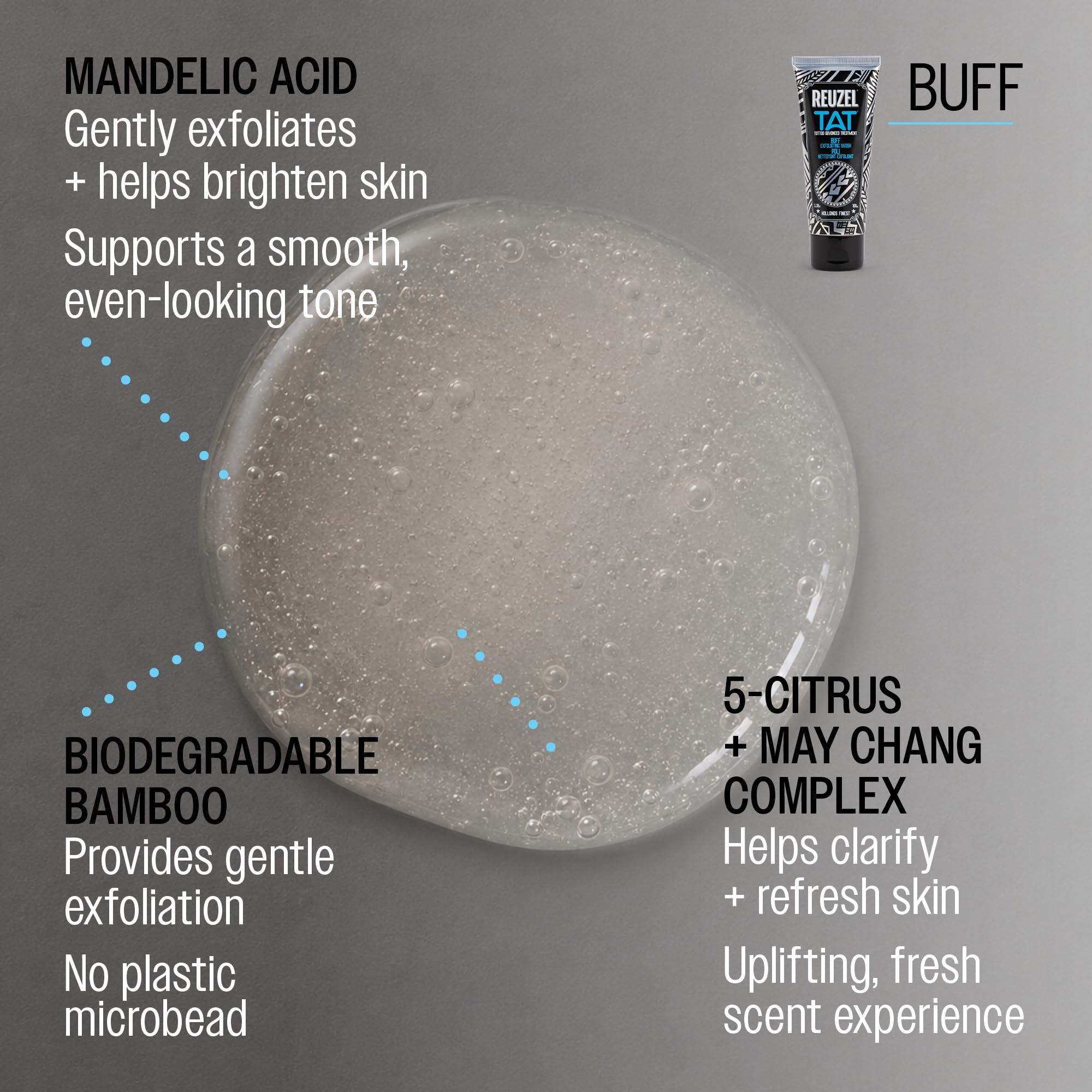 REUZEL Buff peeling złuszczający, delikatny peeling do oczyszczania tatuażu, rozjaśnia, wygładza, ujawnia definicję i kolor, nieszkodliwa, wegańska formuła, 95 ml | Scrub for Healed Tattoos with Fruit Enzymes. Brightening and Gentle Exfoliating Body Wash.