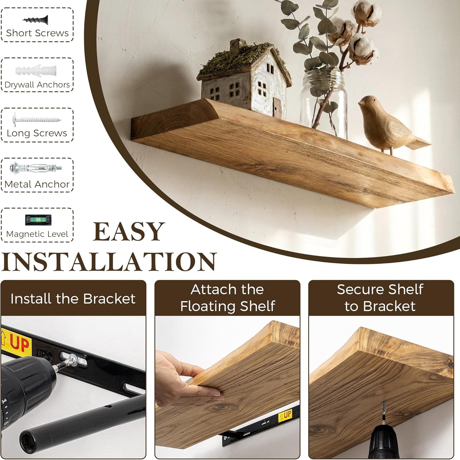 Acovy 24" Long 8" Extra Deep Live Edge Solid Locust Wood Floating Shelves, Invisible Bracket Mount, Set of 2 Natural Rustic Wall Shelves for Living Room Bathroom Bedroom Kitchen