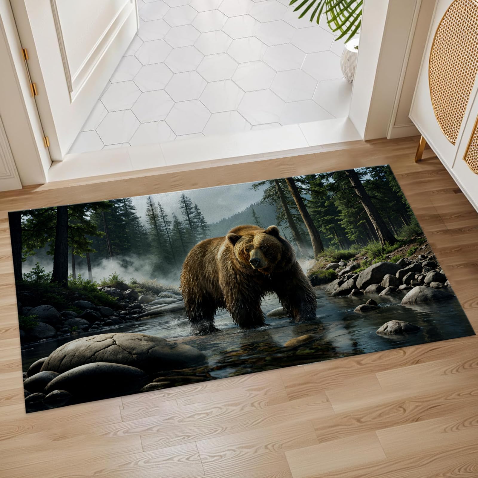 Plistiz Bear Forest Scene Indoor Door Mat, 17x29.5 Inch, Floor Area Rug for Entryway, Living Room, or Bathroom, Non-Slip Doormat, Wildlife Home Decor