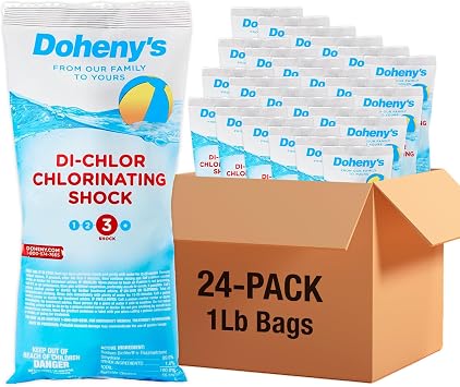 Dohenys Di-Chlor Shock | 100% Professional-Grade | تعقيم حمامات السباحة ومعالجة الصدمات الخالية من الكالسيوم | لحمامات السباحة بالملح والكلور | 56% كلور مستقر | 24 x 1 رطل أكياس 24 رطل إجمالي