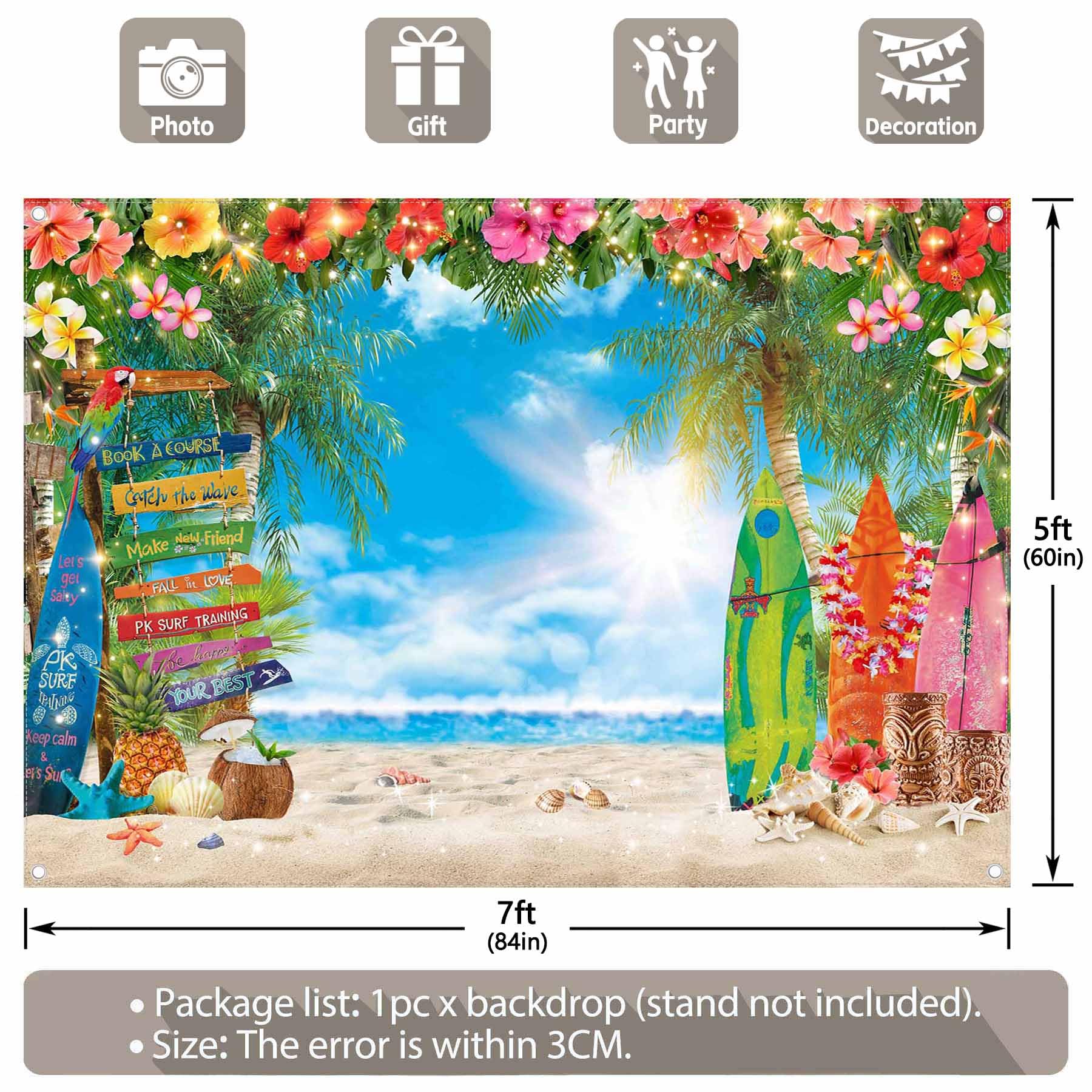 Luminora 2,1x1,5 m Letnie Hawaje Plaża Słońce Tropikalne Tło Aloha | Tkanina poliestrowa, Liście palmowe Deska surfingowa Tło, Dzieci Rodzina Impreza, Dekoracje Baner, Fotobudka Plenerowa