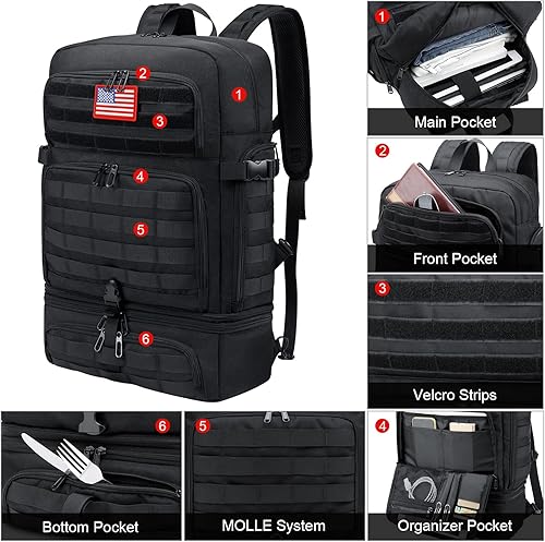 Miniatura 3 de BERTASCHE Mochila de almuerzo para hombre, mochila para laptop de 17 pulgadas para trabajo, viajes, camping, mochila táctica Molle, color negro