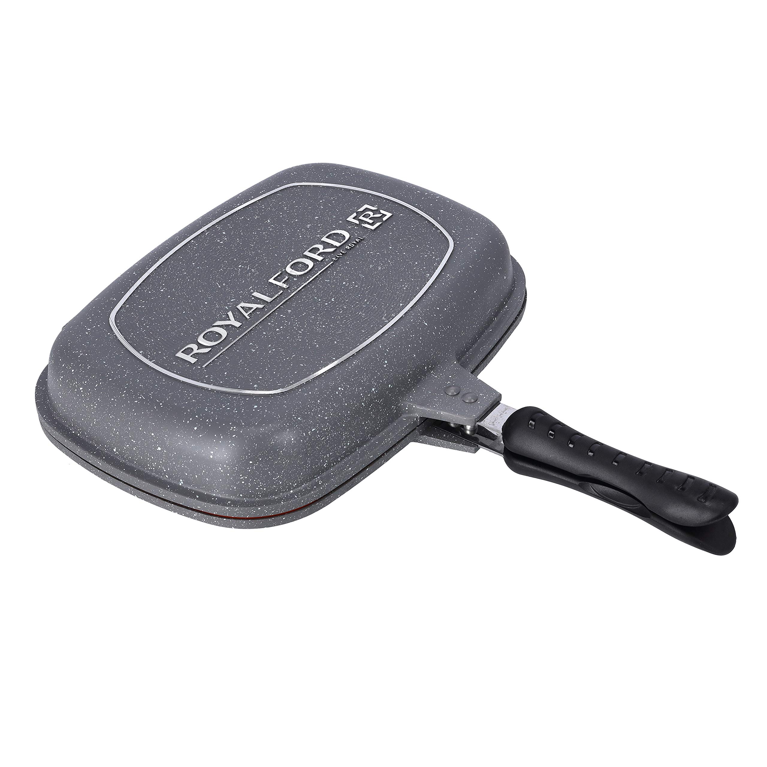 RoyalfordSmart Double Grill Pan Layer Granite Non-Stick Coating With  Magnetic Handle Flipping Frying Multiple Hob Compatibility Grey 32 cm RF9999