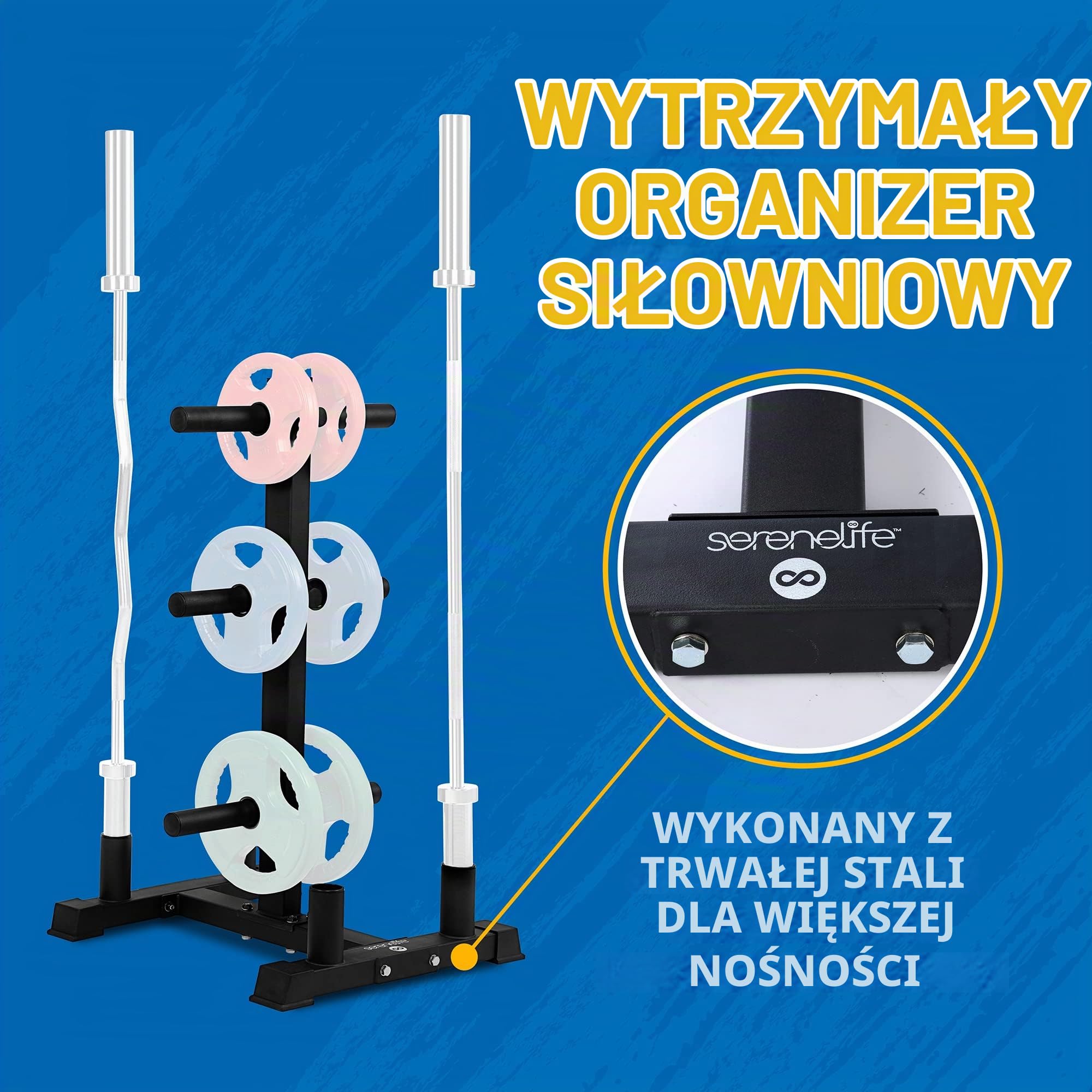 SereneLife Olympic Stojak na talerze obciążeniowe, nośność 362 kg, wytrzymały organizer na siłownię, odporna na zarysowania, wykończenie proszkowe, łatwy w montażu, kompaktowy i zajmuje mało miejsca,