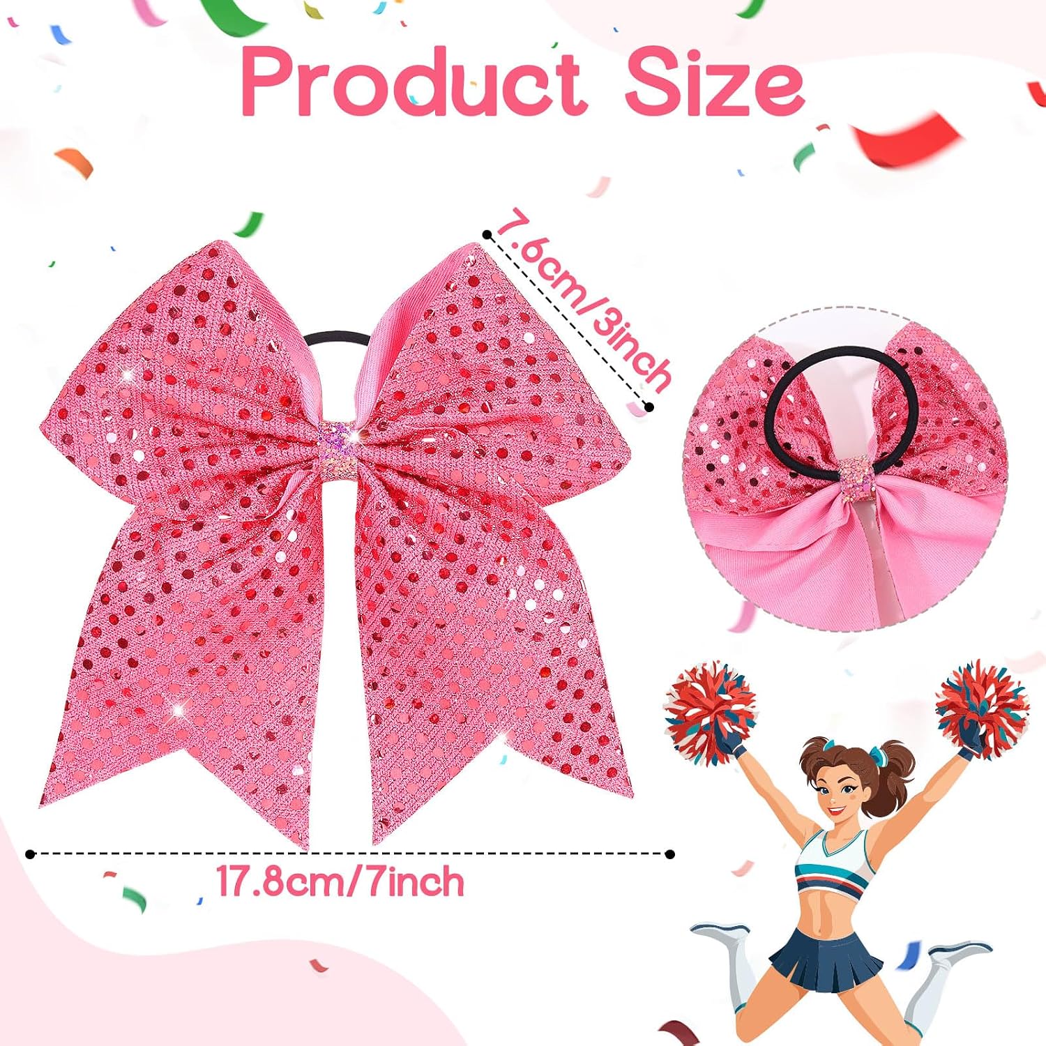 Oaoleer 12pcs Glitter Cheer Bows for Cheerleading, 7” Large Shiny Cheer Hair Bows Ponytail Holder for Cheerleader Girls Softball Sports (Pink)