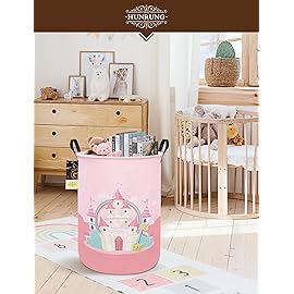 HUNRUNG Laundry Hamper,Large Canvas Fabric Lightweight Storage Basket Toy Organizer Dirty Clothes Collapsible Waterproof for College Dorms(Pink Castle)