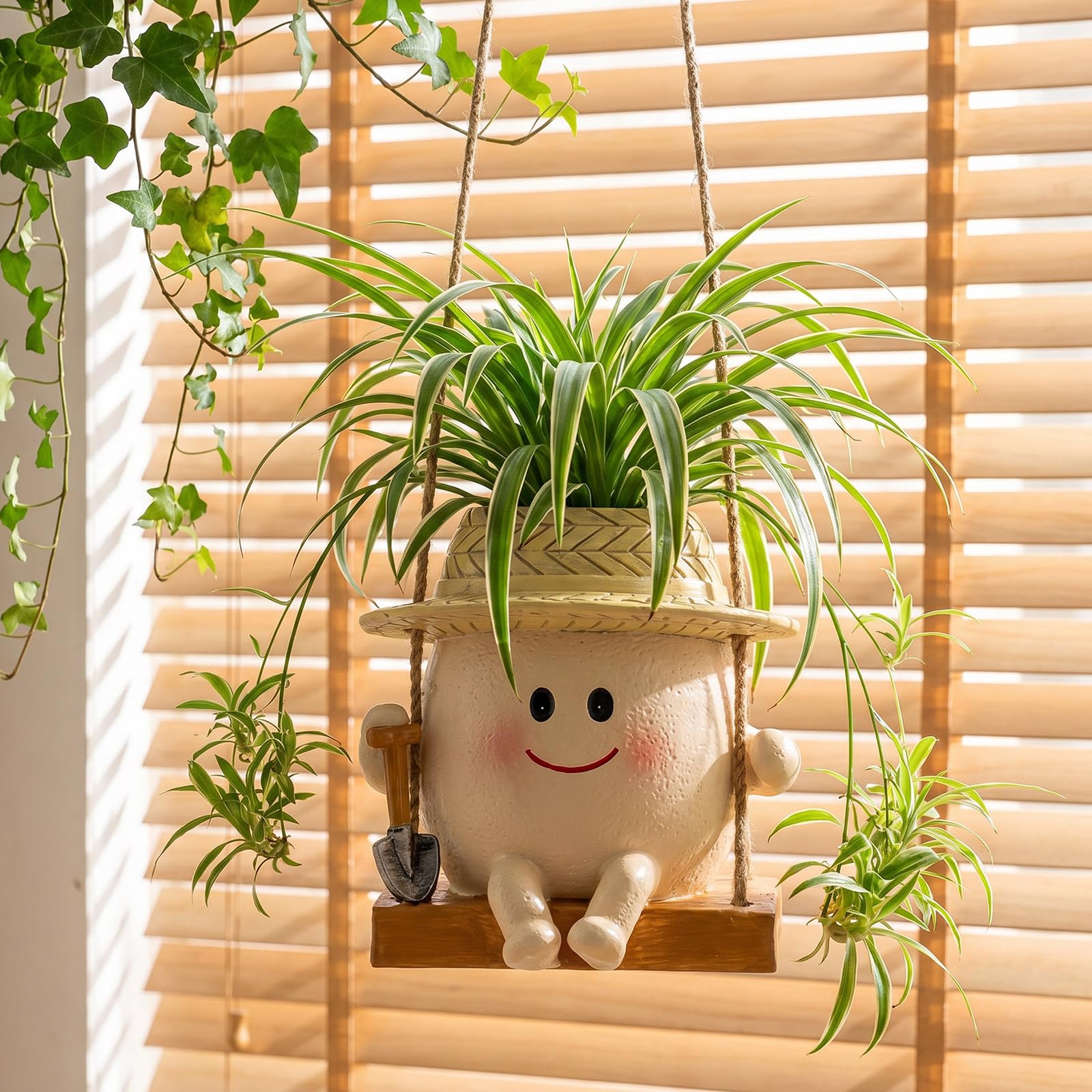 Bpyhebe Hanging Planter, Swing Succulent Pot, Cute Face Resin Planter, Dual Use Desktop Plant Pot, Garden Decor, with Drainage Hole