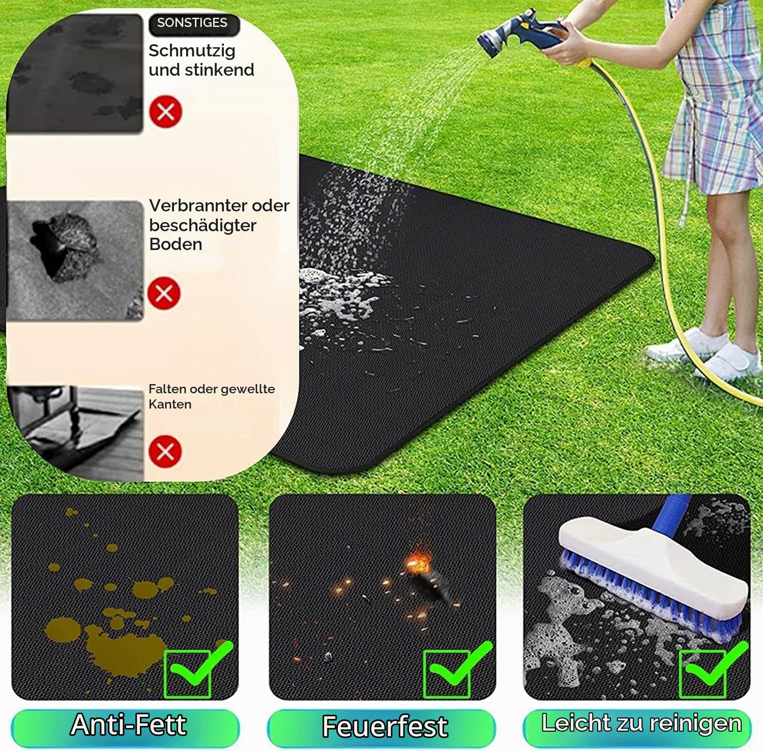 UBeesize Grillmatte 122x178cm Feuerschutzmatte, Grillteppich Outdoor | Grillmatte für Gasgrill Bodenschutz Ölbeständiger Wasserdichter Rutschfester Outdoor BBQ Matte für den Außengrill, Rasen