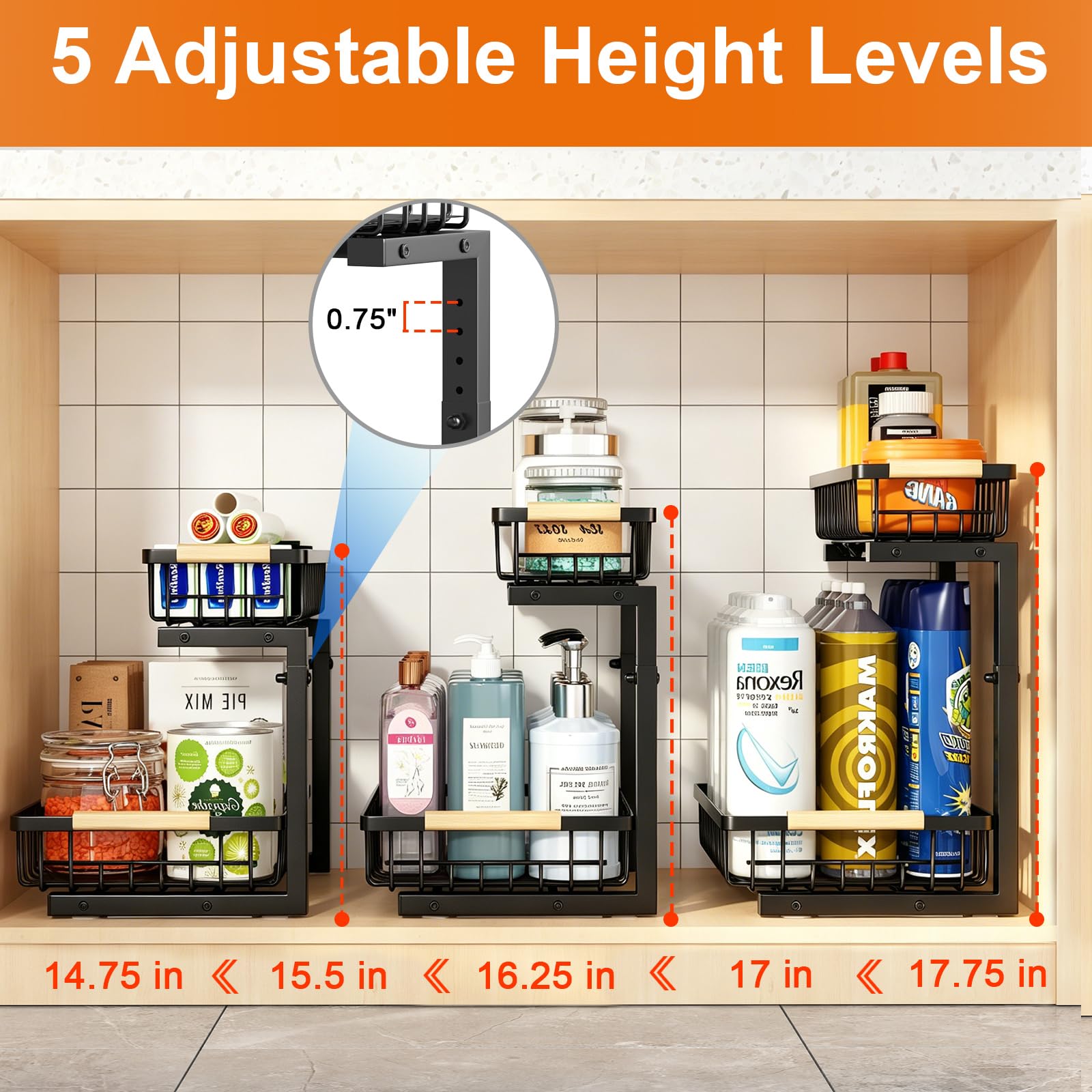 REALINN Organizador para debajo del fregadero, paquete de 2 organizadores y almacenamiento ajustables en altura para debajo del fregadero, organizador de gabinete extraíble de 2 niveles para cocina y