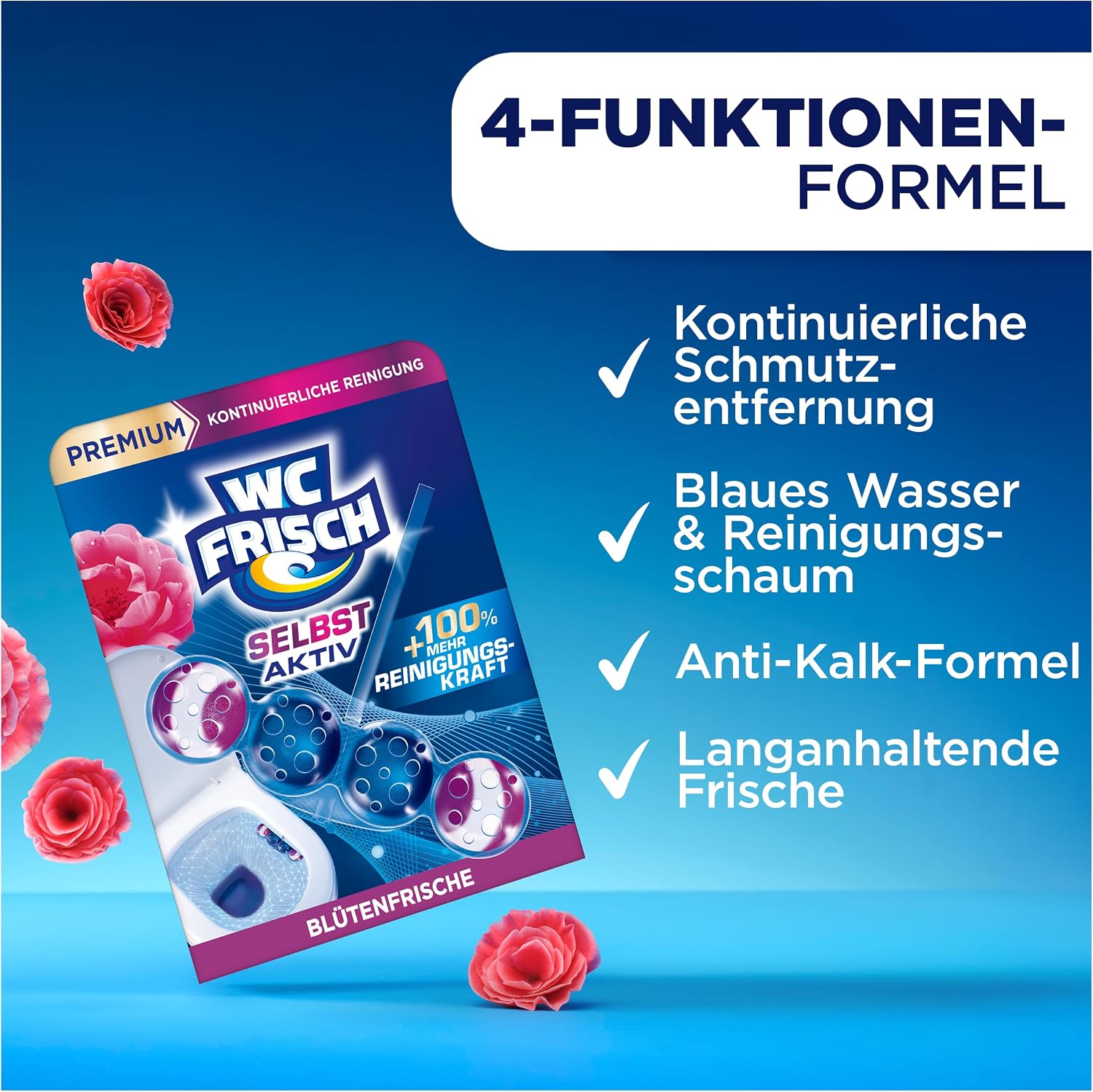 WC Frisch Selbst Aktiv Flower Fresh Blue Rinse (50 g), Toilet Stones with Anti-Limescale Formula, Cleaning Foam and Blue Water, Toilet Cleaner for Extra Freshness and Visible Cleaning Between Rinses image 2