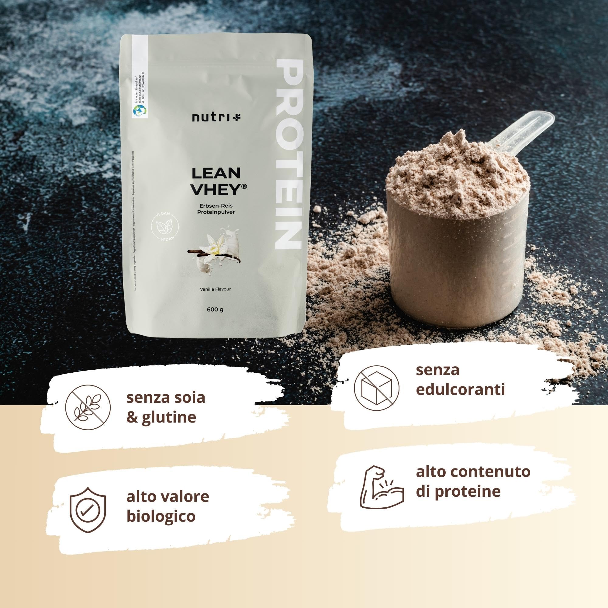 Proteine vegane in polvere senza soia - Vaniglia 600 g - Proteine vegan senza glutine, lattosio, zucchero - Nutri + Lean Vhey Pea Protein - Proteina in polvere vegana - Made in Germany