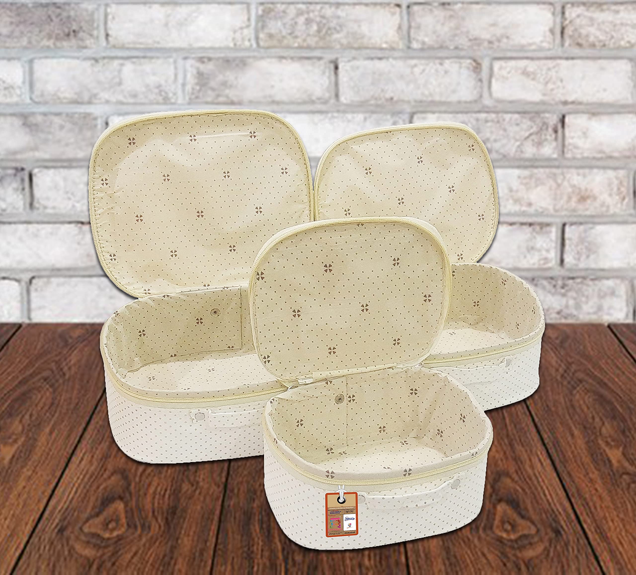 atorakushon Fabric Makeup Storage Box Shaving Travel Vanity Cosmetic Toiletry Organizer Necklace Pouches Ring Earring Tops Studs Jewellery Pouch for Women with 3 Bag Case (Cream) 3