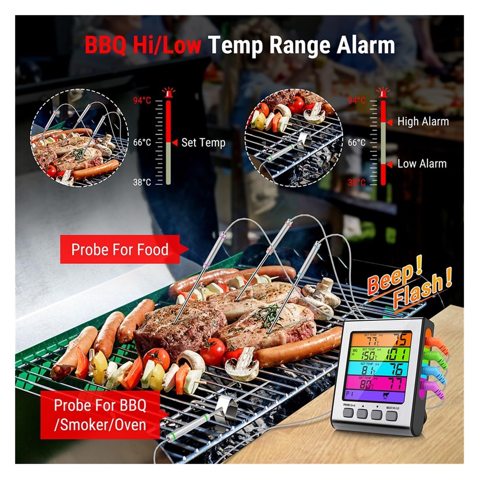 4 Sonde Retroilluminazione A Colori Ampio Display LCD Cucina Digitale Cottura Termometro For Barbecue A Base Di Carne Da Forno Preciso Veloce Monitoraggio In Tempo Reale