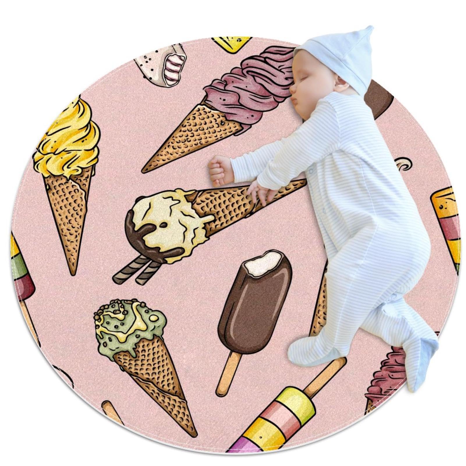 Tapis de salle de bain antidérapant rond 1m motif crème glacée et camomille