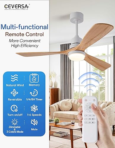 Miniatura 4 de Ceversa Ventilador de techo de madera maciza de 52 pulgadas con luz y control remoto, ventilador de techo moderno de madera natural de 3 aspas,