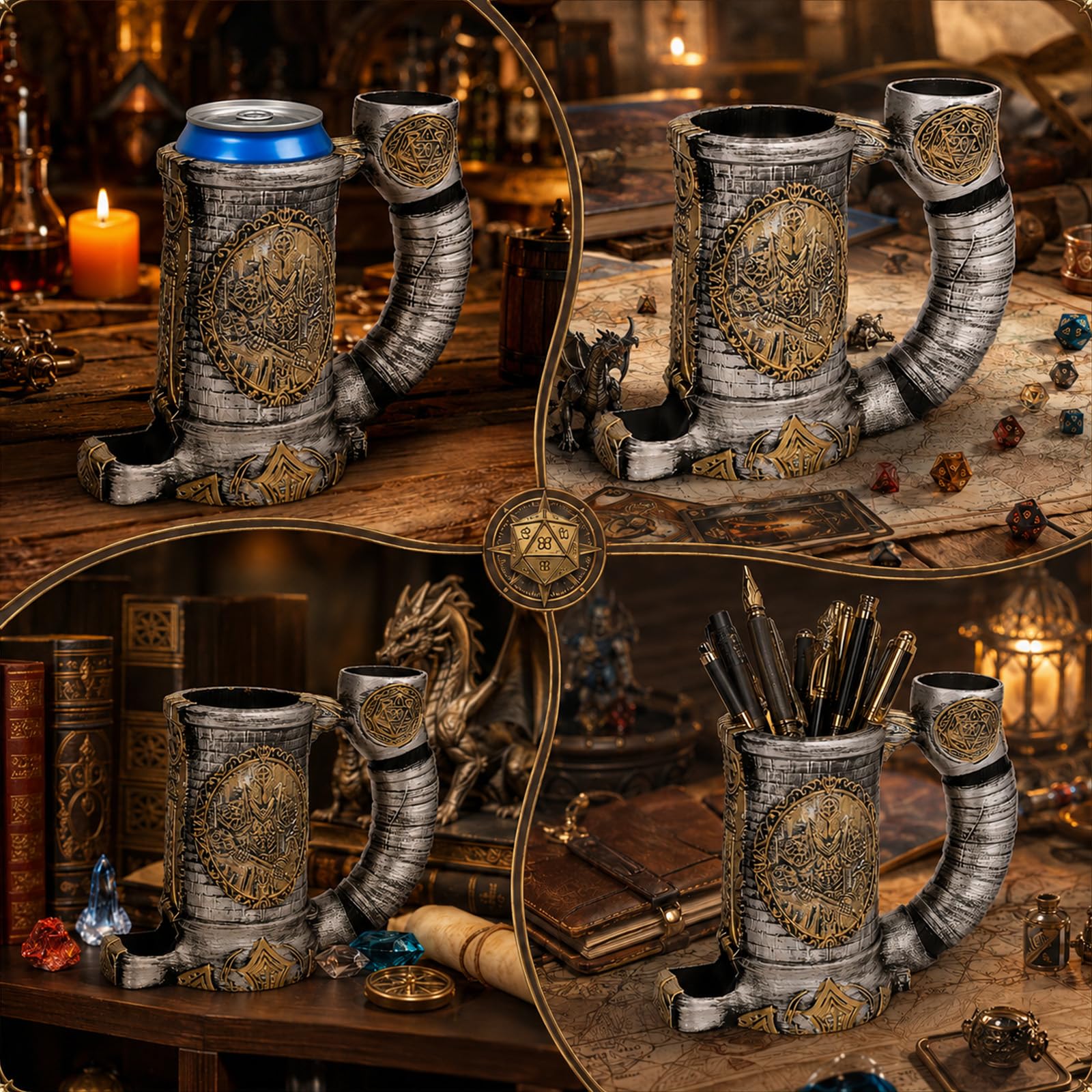 Tasse tour de dés, livrée avec un ensemble de 7 dés, convient pour les donjons et dragons DND, les jeux de table, disponible comme support de boisson, cadeaux D&D, accessoires DND (armure gris-doré)