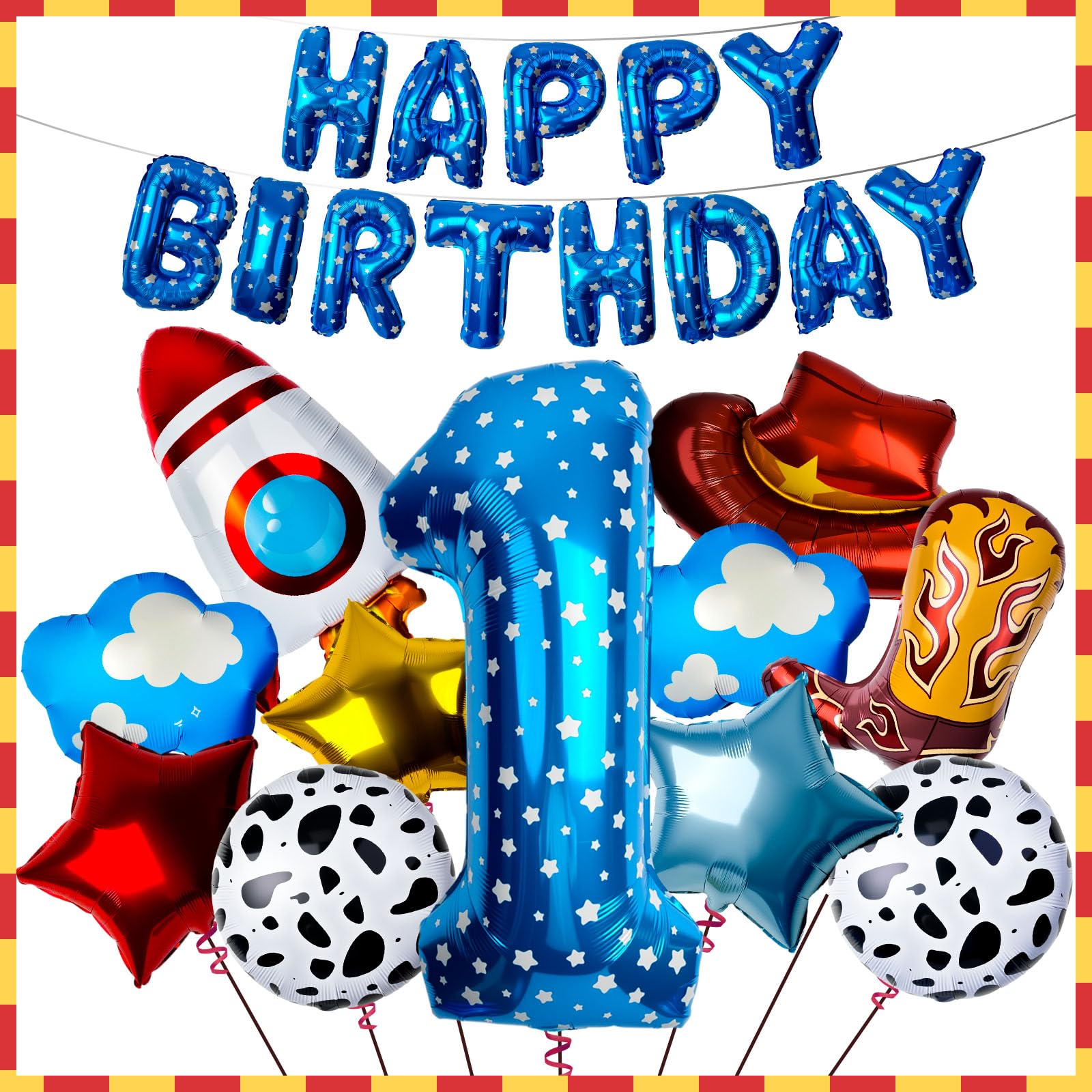 32" Toy Themed Number 1 Balloons Set, 24Pcs Large Foil Balloons Cartoon Party Decorations for Kids' 1st Birthday Anniversary