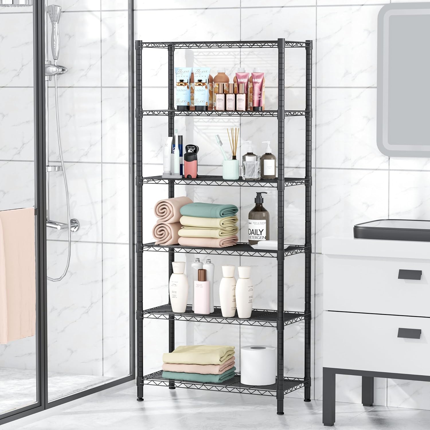 6 Tier Adjustable Storage Shelves,Heavy Duty Metal Utility Shelf 900LBS Capacity,Wire Shelving Unit Organizer Rack for Home,Kitchen,Office,Bathroom,Pantry Room,12" D x 22" W x 69" H,Black - Image 7