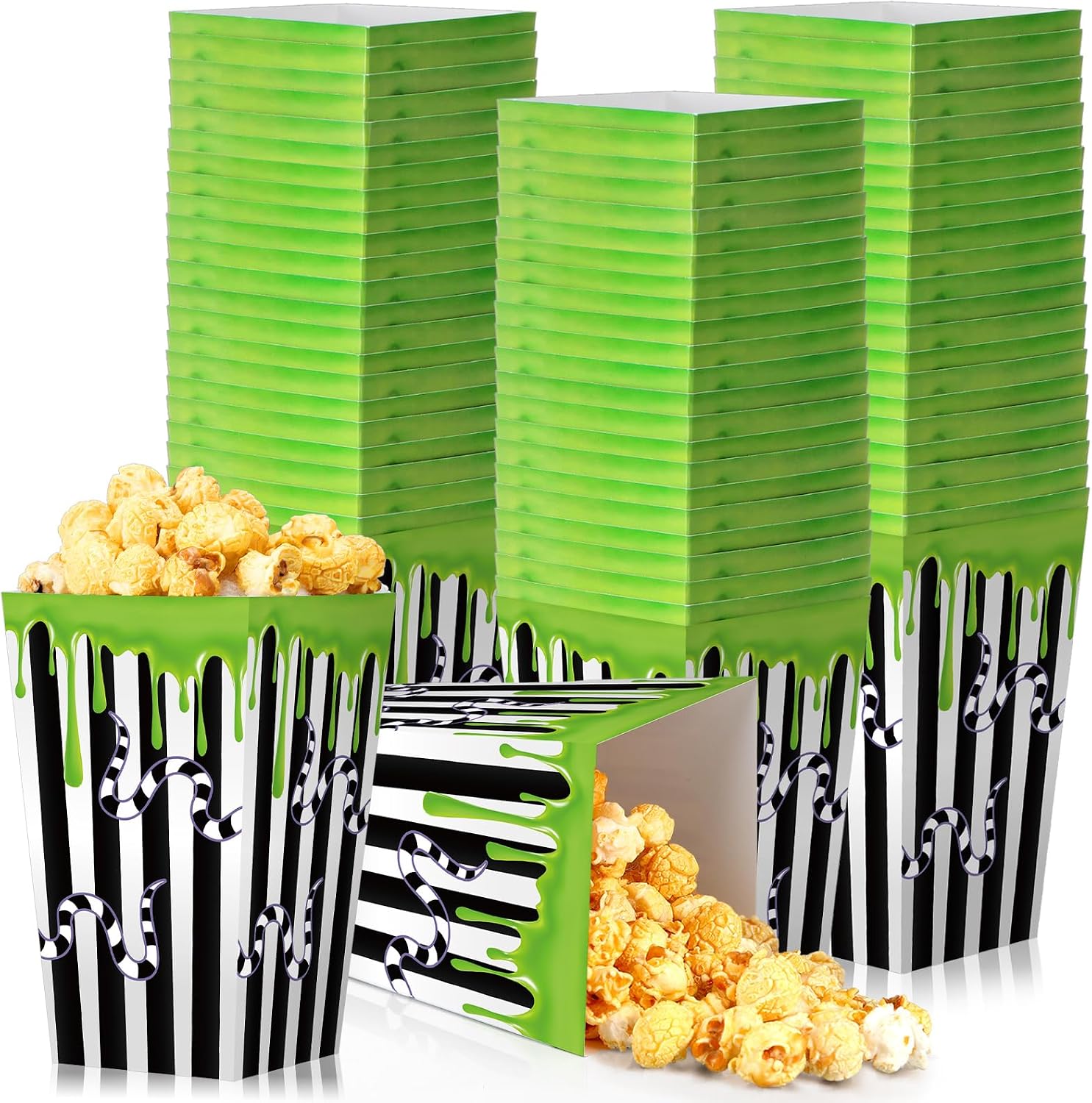 Eaasty 24 Pcs Halloween Worm White Black Stripes Party Decoration Horror Movie Party Popcorn Boxes Trick or Treating Snack Treat Box Candy Cookie for Birthday Halloween Holiday Events