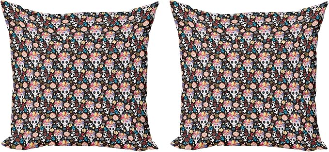 Ambesonne Sugar Skull Decorative Throw Pillow Case Pack of 2, Funky and Pattern with Spooky Skulls Floral Wreaths Hearts, Couch Bedroom Living Room Cushion Cover, 20