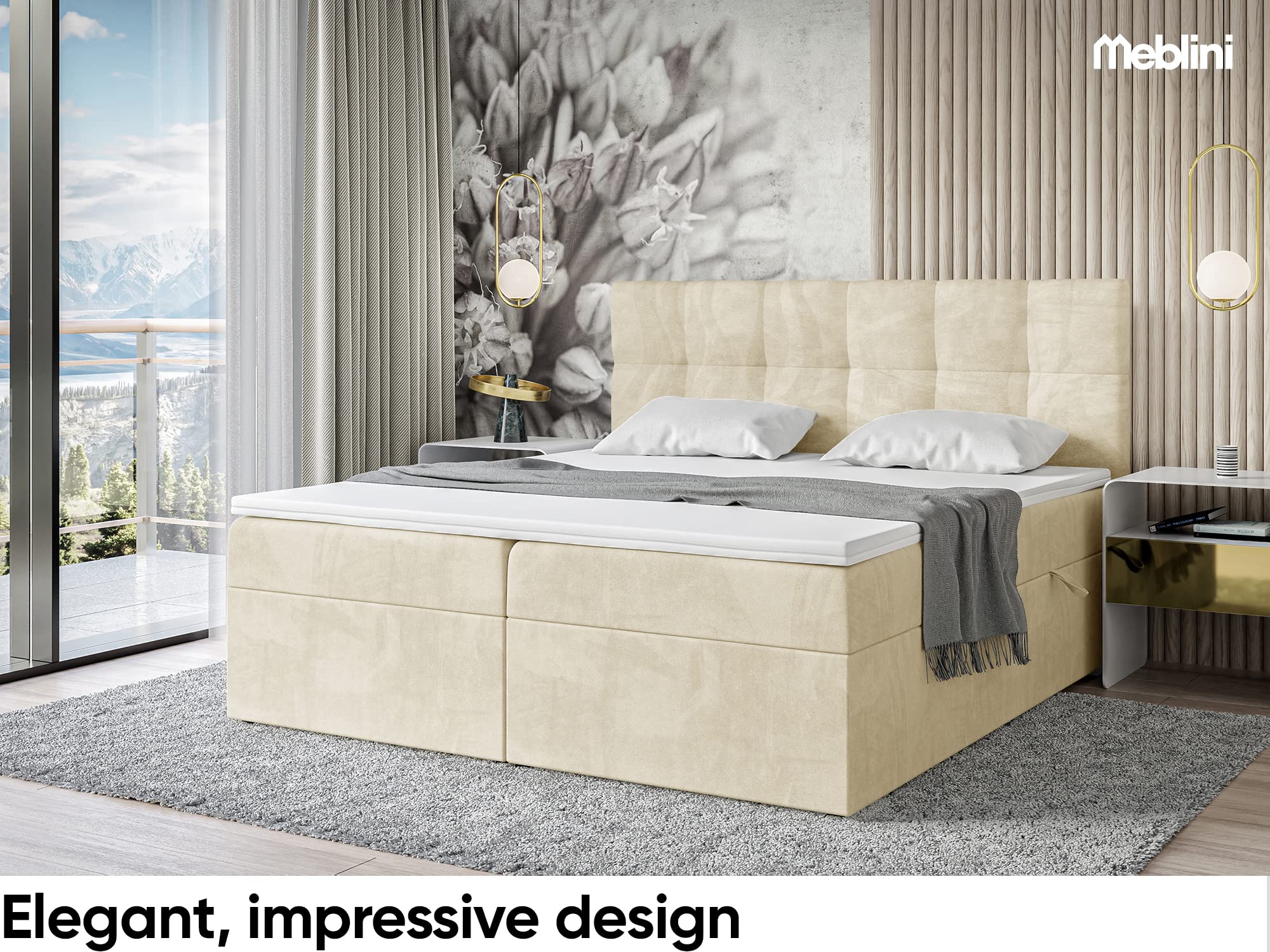 MEBLINI Boxspringbett mit Bettkasten - Gepolstert Doppelbett mit Matratze und Topper - Polsterbett mit Stauraum - Bett mit Kopfteil - Stauraumbett - RACO - 120x200 - H3/Beige Samt
