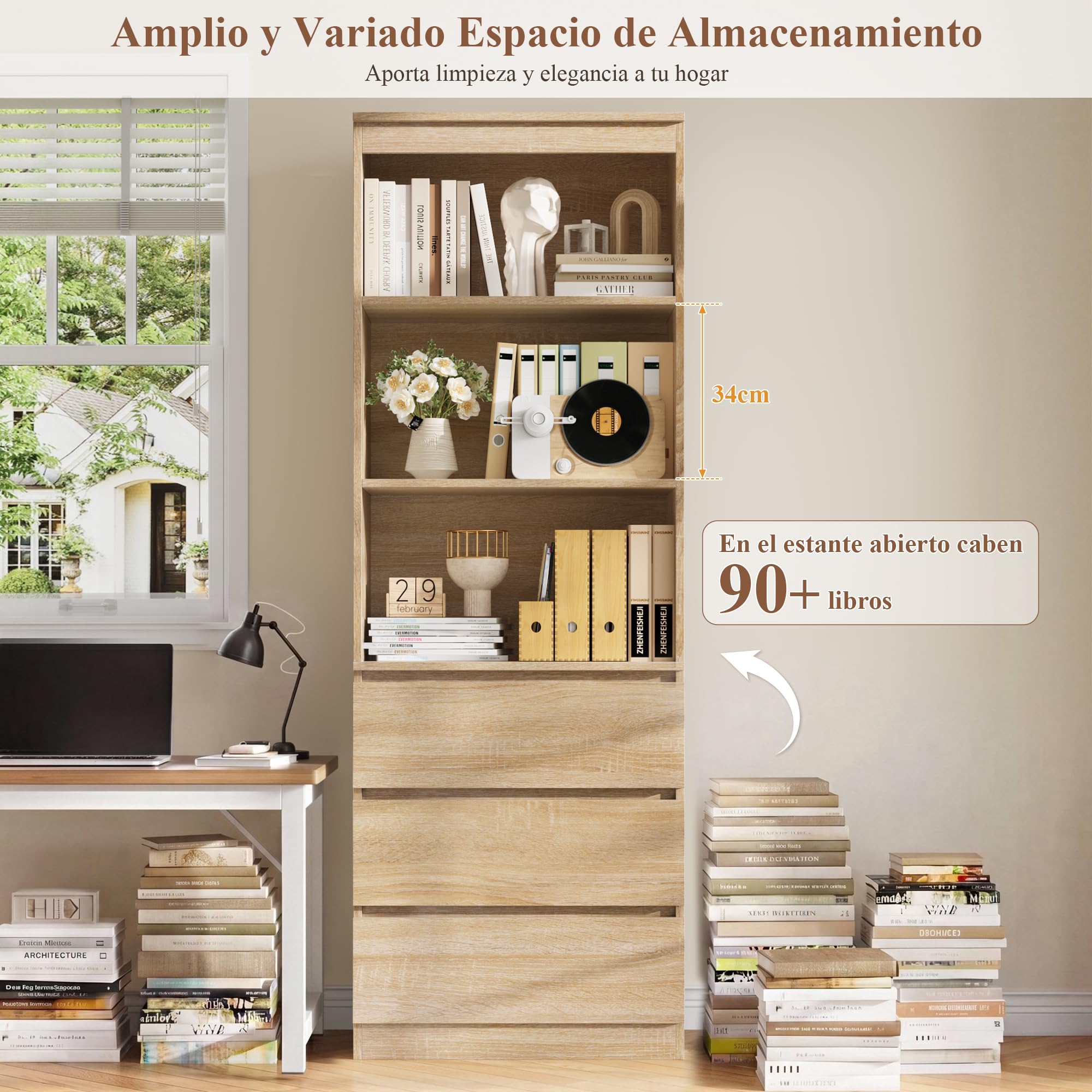 FirFurd 180cm Estantería de 3 Estantes con 3 Cajones, Librería Estantería | Mueble Organizar Documentos, Archivadores, Carpetas, Libros, para Oficina, Salón, Roble, 60x35x180cm