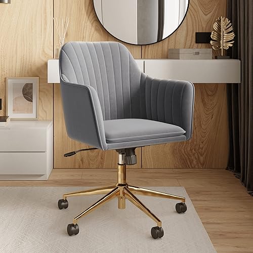 BELLEZE Silla de escritorio moderna tapizada de terciopelo con ruedas giratorias y altura ajustable, sillón decorativo para oficina o tocador,