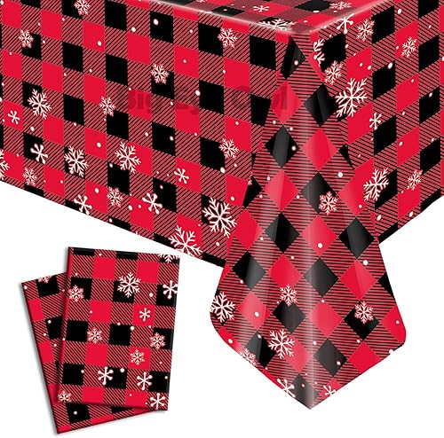 Miniatura 10 de Mantel de plástico a cuadros de búfalo rojo, diseño de copos de nieve, mantel de Navidad para fiesta de cumpleaños, rectangular, 54 x 108 pulgadas