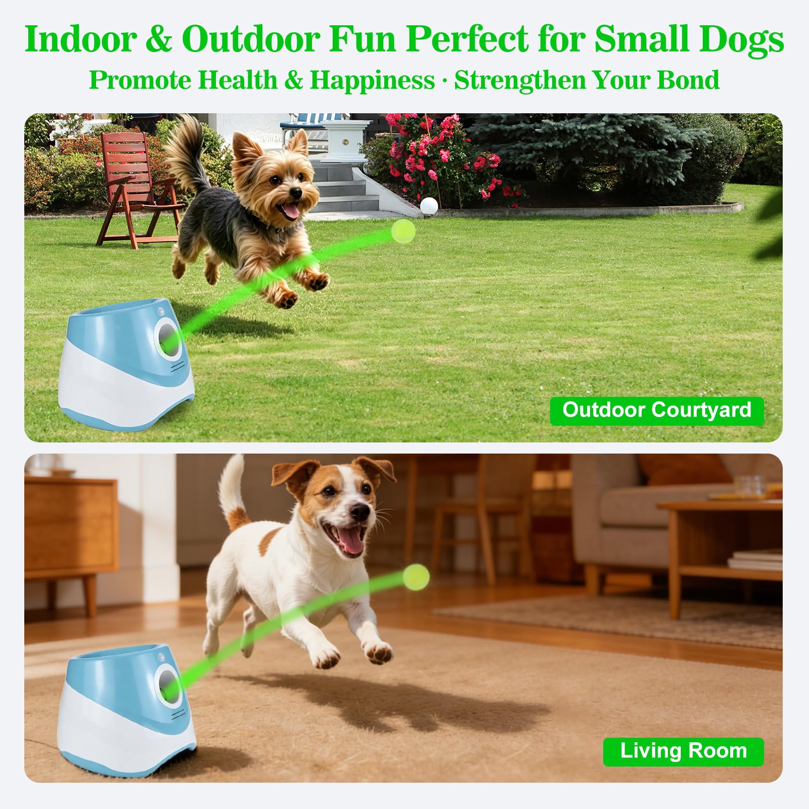 Lanzador Automático de Pelotas para Perro con 15 Mini Pelotas de Tenis | Juguete Interactivo para Perros Pequeños Interior y Exterior, 3 Distancias Ajustables (3-9 m), Recargable (Azul)