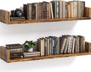 Floating Bookshelves for Wall - Wall Mounted Bookshelf Set of 4, U-Shaped Hanging Bookshelf for Bedroom, Living Room & Office, Wall Book Shelf for Home Decor & Storage Rustic Brown, 31.5, 2