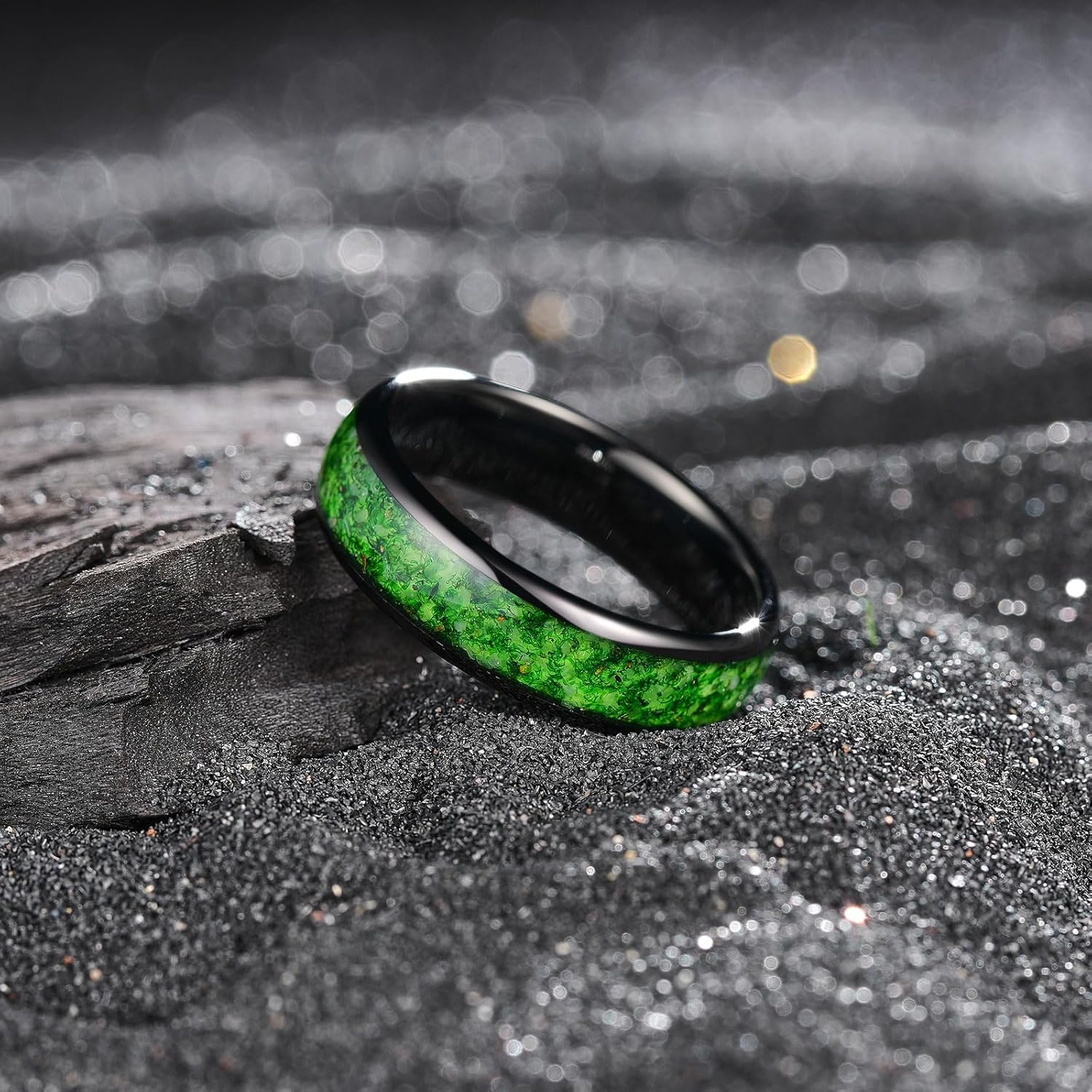 King Will Tungsten Carbide Rings For Men, 8mm Wedding Band Inlay Flow sand/Green Grass Agate, Dome High Polished - Suitable For Daily Wear, Comfort Fit Size 7-14