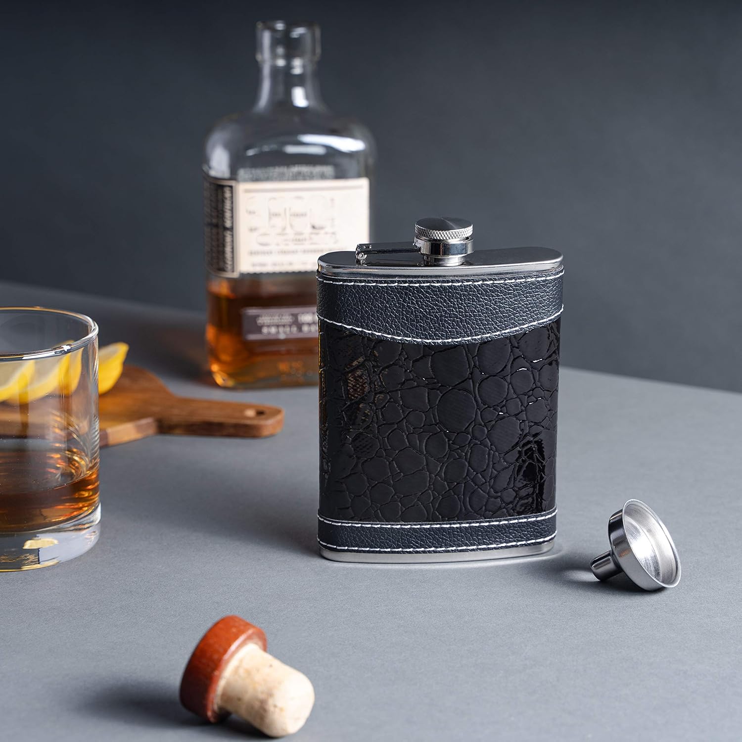  | Hip flask, Men's Flask for Liquor, 304 Stainless Steel 8 oz with Funnel, Leak Proof, Slim, Classic, Leather, Black, Perfect For Travel, Camping, Hiking, Drinking Gift for Fathers Best Man: Flasks