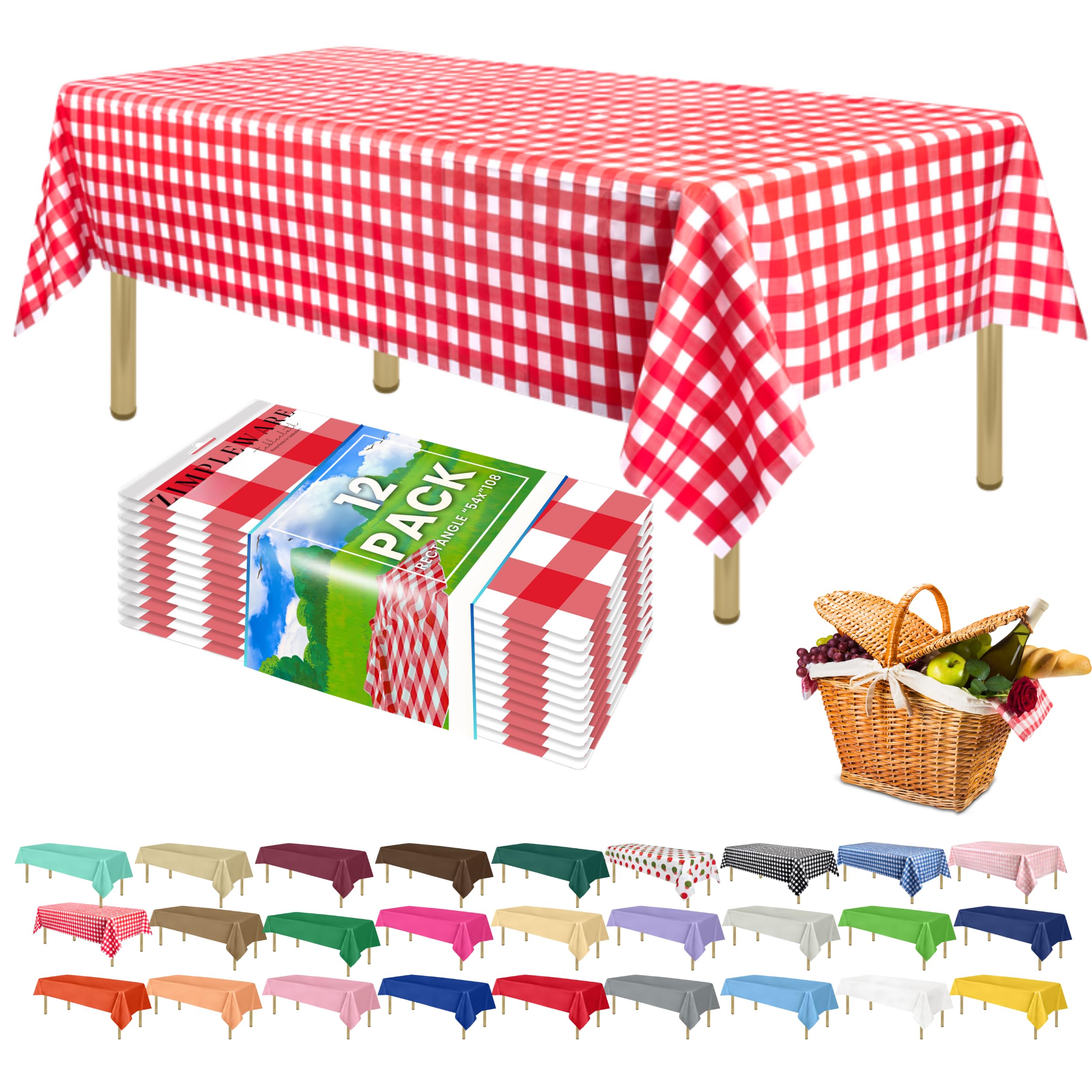 ZIMPLEWARE Premium Red Gingham Checkered Plastic Table Cloth Disposable (12 Pk) Plastic Tablecloths for Rectangle Tables (54in x 108in) Party Table Cloths Disposable for 6ft to 8ft Rectangle Tables