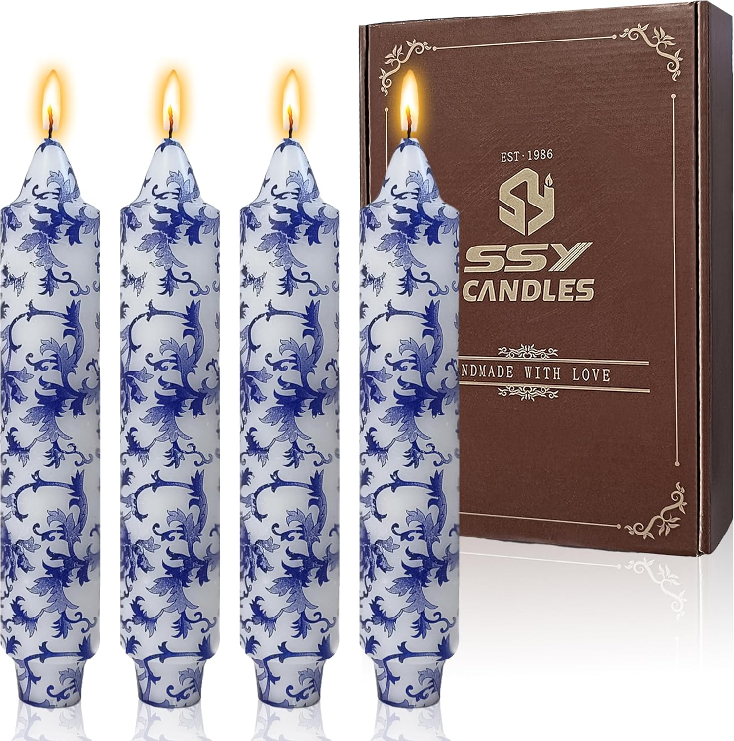 Flowers Printed Candle Taper Candles - 6 Pack Blue and White Porcelain Candle Dripless, Smokeless, Unscented Tall Candlesticks - Perfect for Home Decor, Weddings, and Special Occasions