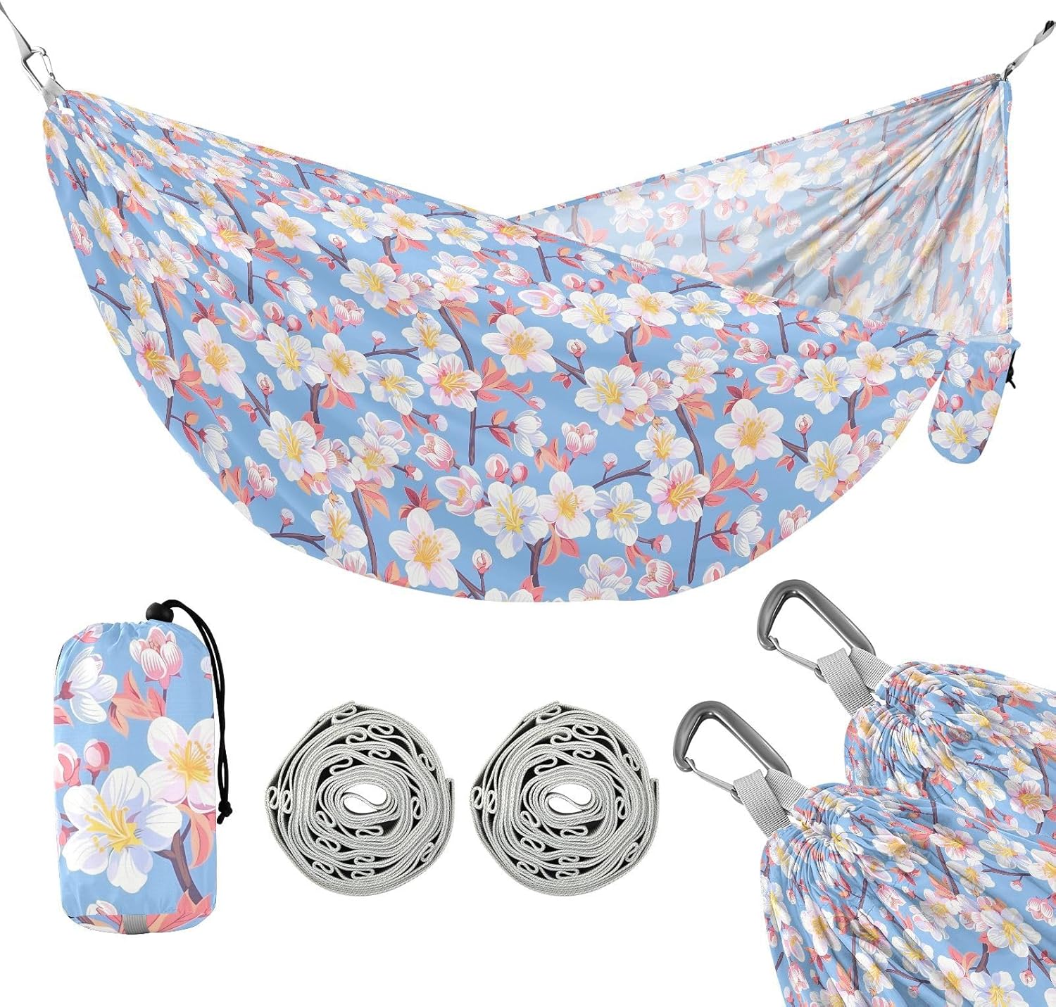 ALAZA Colorful Cherry Blossom Flower Camping Hammocks Single or 2 Person 500 lbs Portable Parachute Travel Hammock w/Tree Straps for Hiking Backpacking Indoor Outdoor