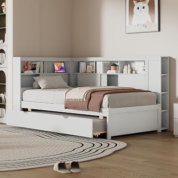 Wooden Twin Size DayBed Platform Bed with L-Shaped Headboard and Storage Shelf, Daybed Sofa Bed Frame with Trundle and USB for Office Living Room Bedroom, Maximize Space White-12.2