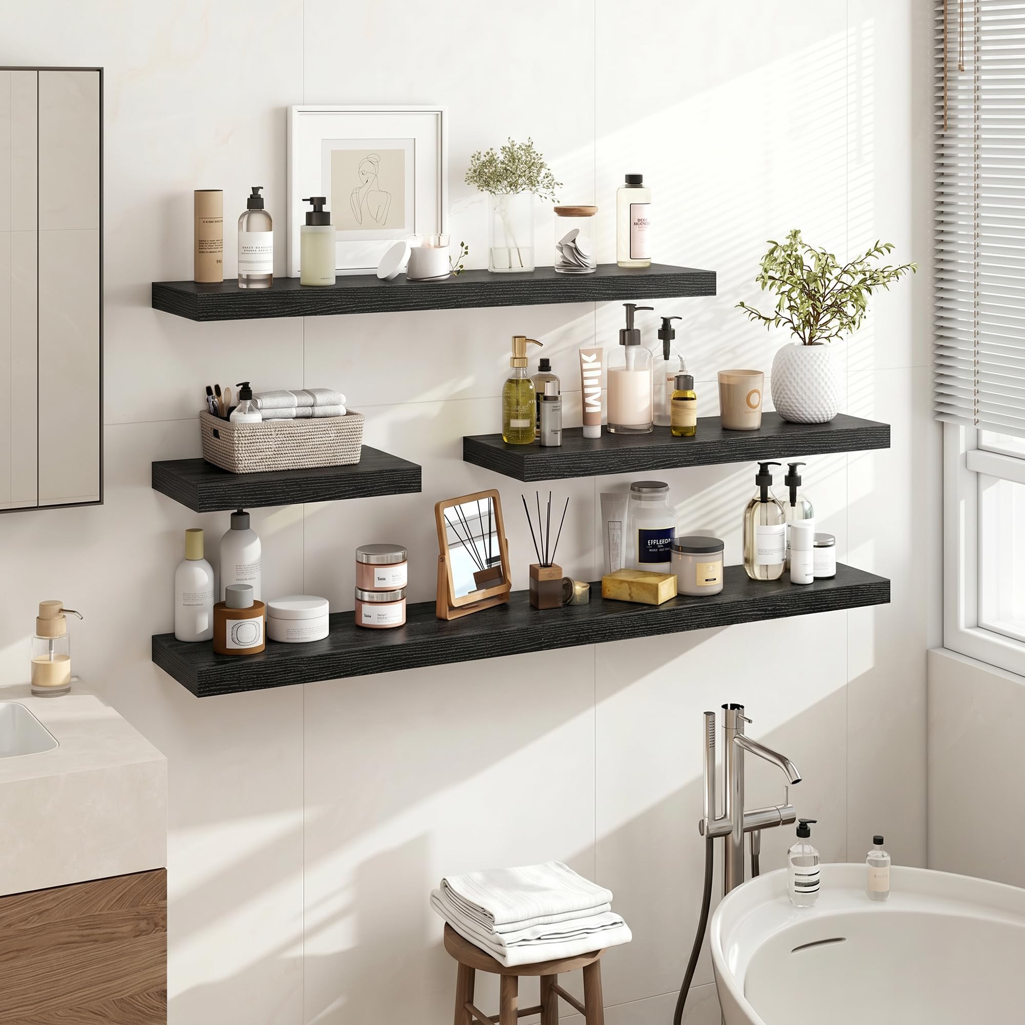 Acovy Lot de 2 étagères murales flottantes en bois pour salon, salle de bain, chambre à coucher, cuisine - 23,5 cm de profondeur - 80 cm de long - Noir